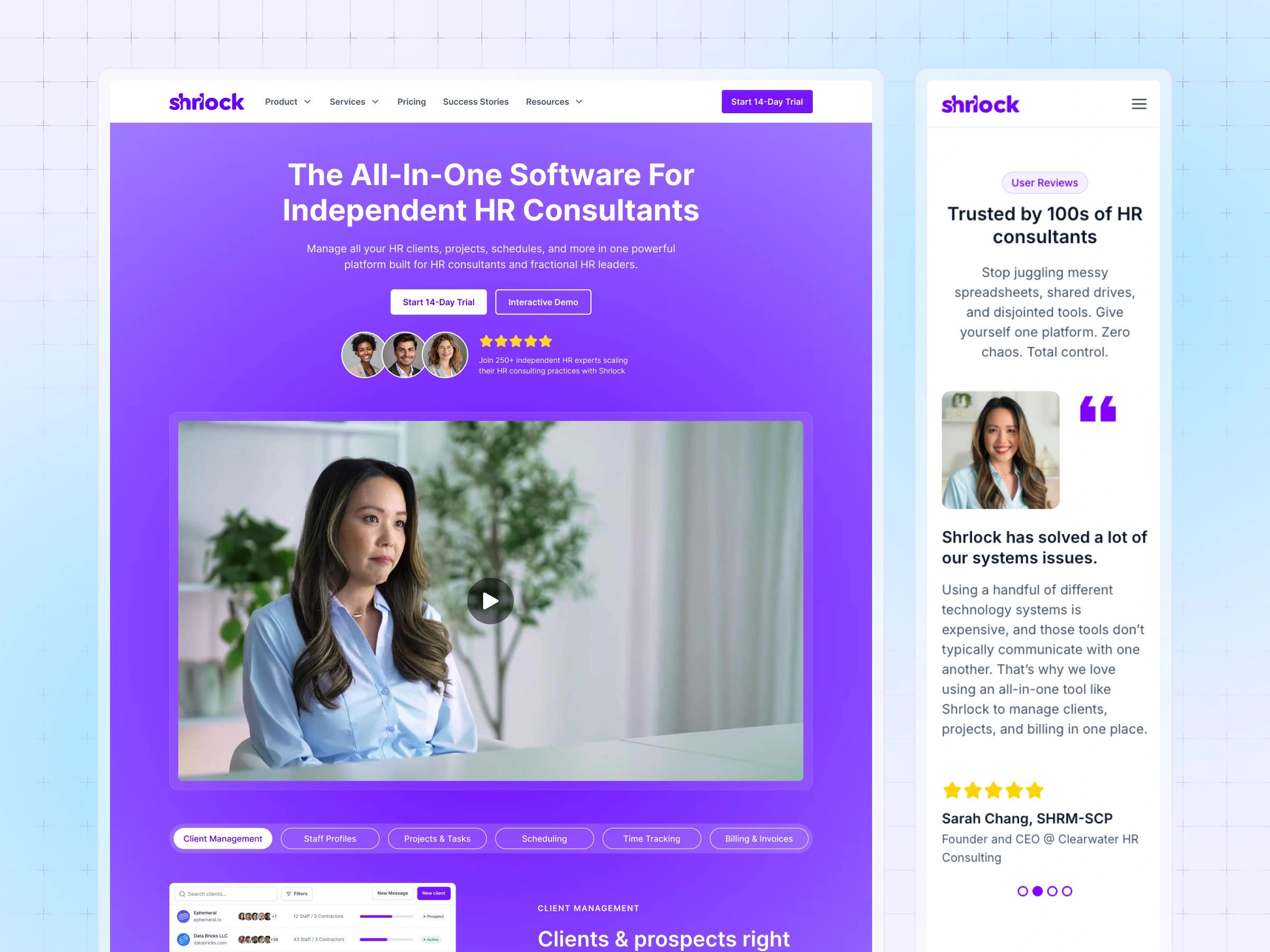 Product pages – Shrlock software product page showing the hero video section and client management interface with tabs for staff, projects, and billing