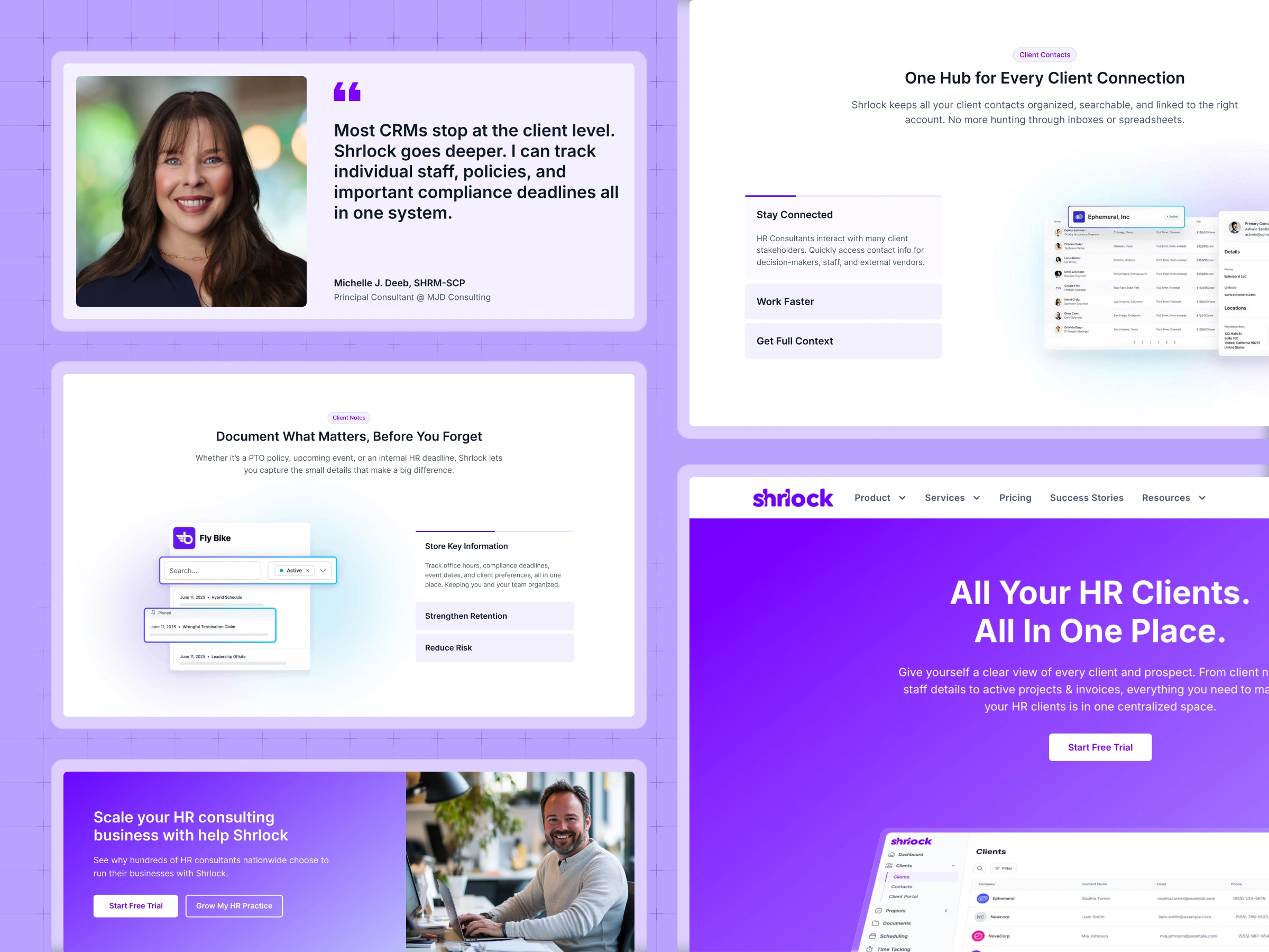 Product pages – Client management feature page displaying the contact hub, client notes section, and dashboard interface with client list