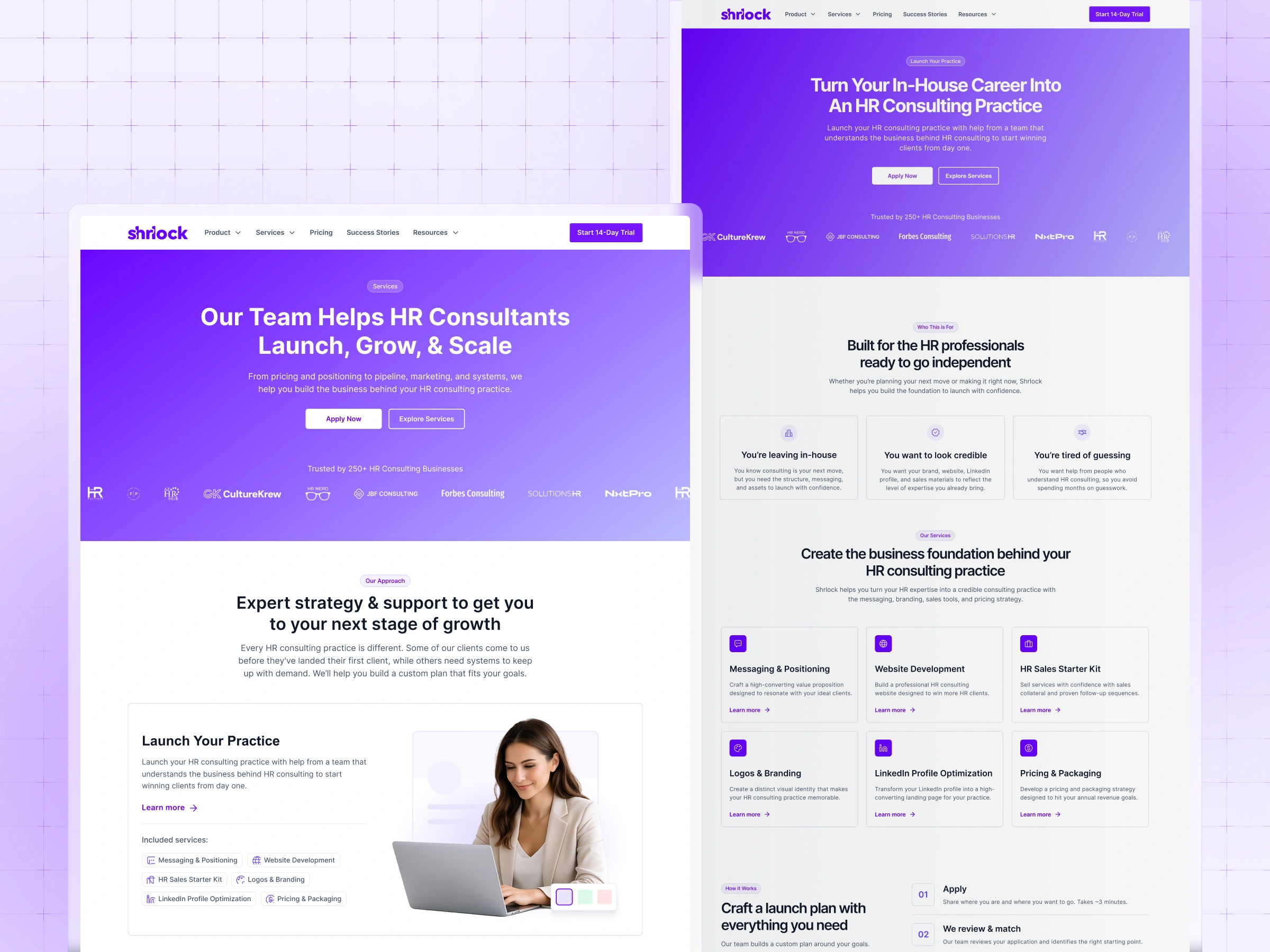 Services pages – Services page for HR consultants featuring the "Launch, Grow & Scale" hero and a grid of service offerings including branding and website development