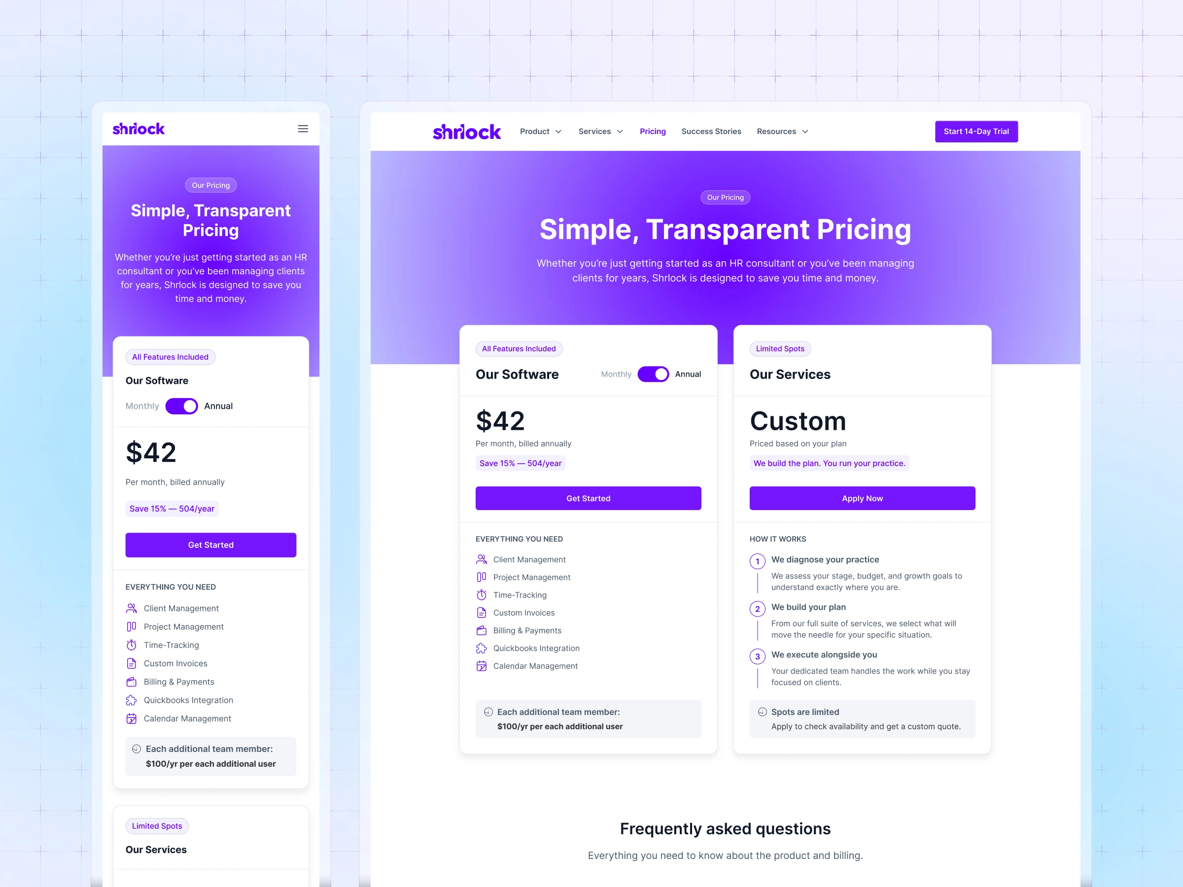 Additional pages – Pricing page comparing the software and services plans, showing monthly cost, feature list, and a three-step onboarding process