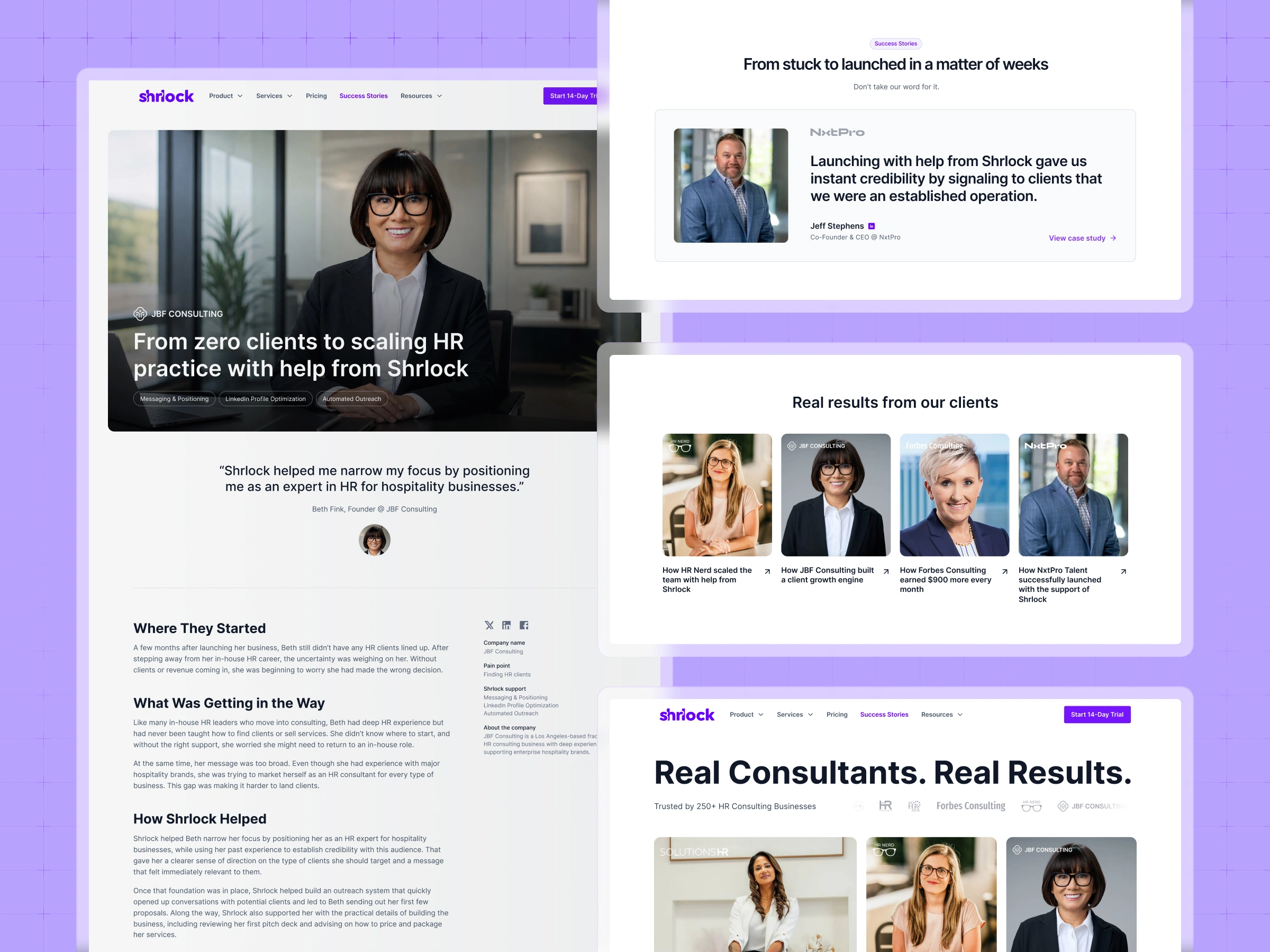Additional pages – Success stories page featuring a JBF Consulting case study alongside a grid of client testimonials and results