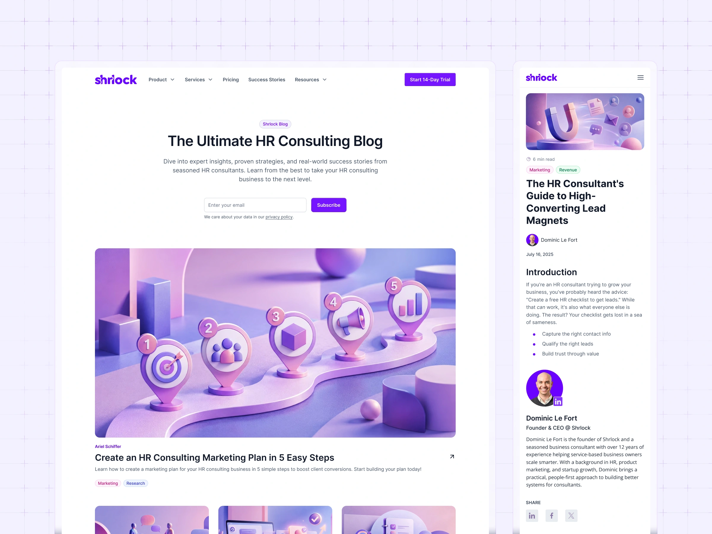 Resources pages – Shrlock blog homepage with a featured article on lead magnets and a grid of HR consulting marketing articles