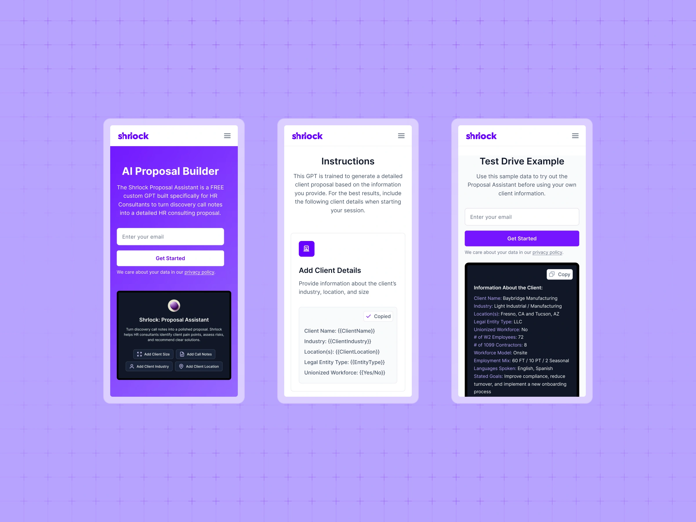 Three-screen flow of the AI Proposal Builder tool, from introduction through instructions to a sample client data test drive