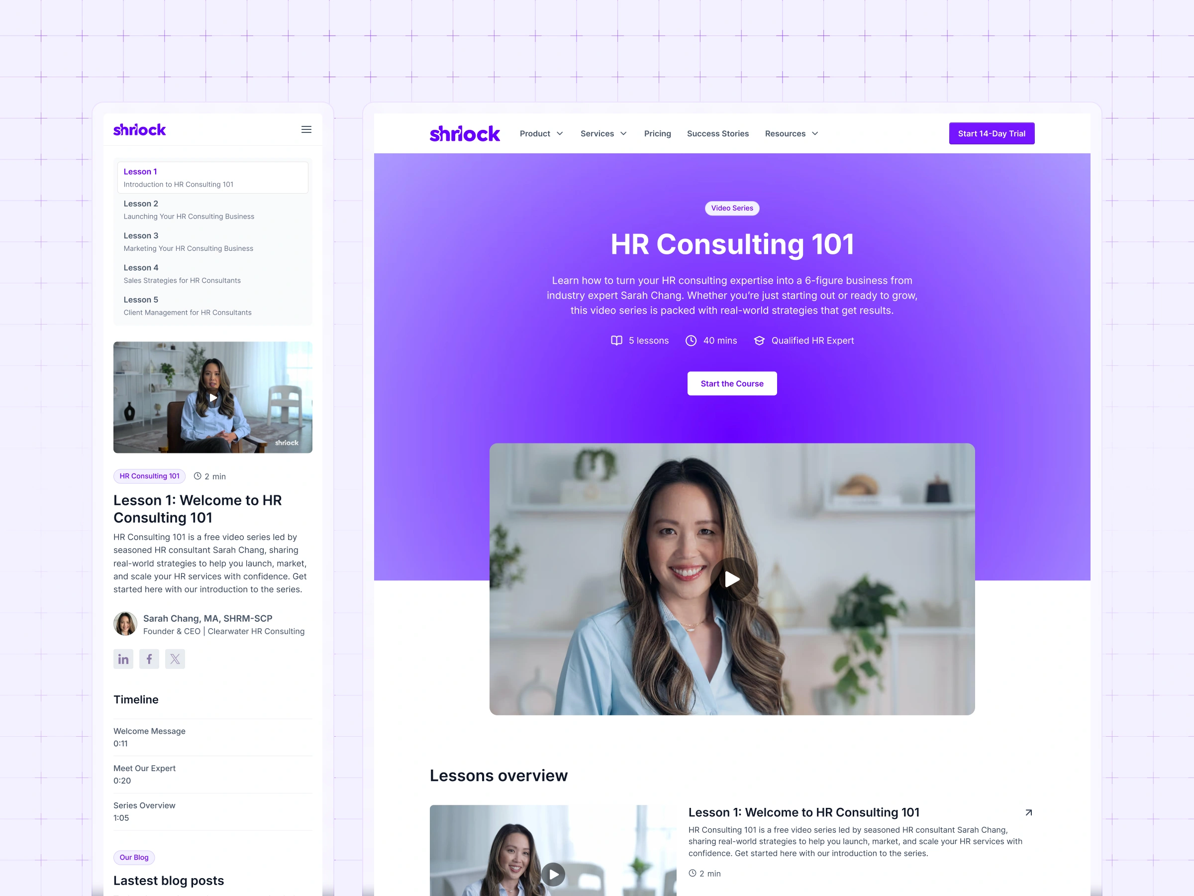Resources pages – HR Consulting 101 video series page featuring a lesson list sidebar and an intro video from HR expert Sarah Chang