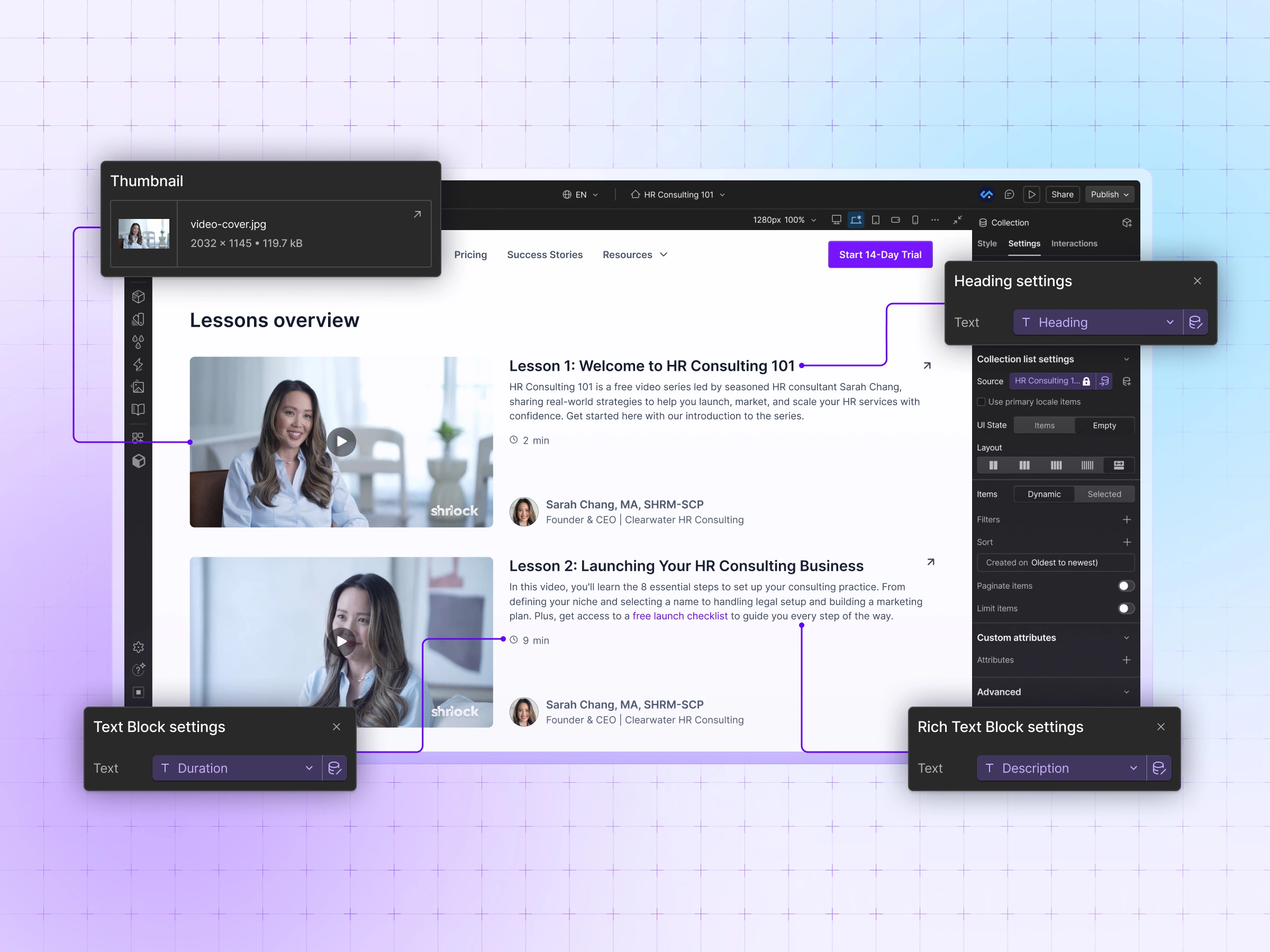 Webflow implementation – Webflow Designer view of the HR Consulting 101 collection list, showing CMS settings for thumbnail, heading, and text block fields