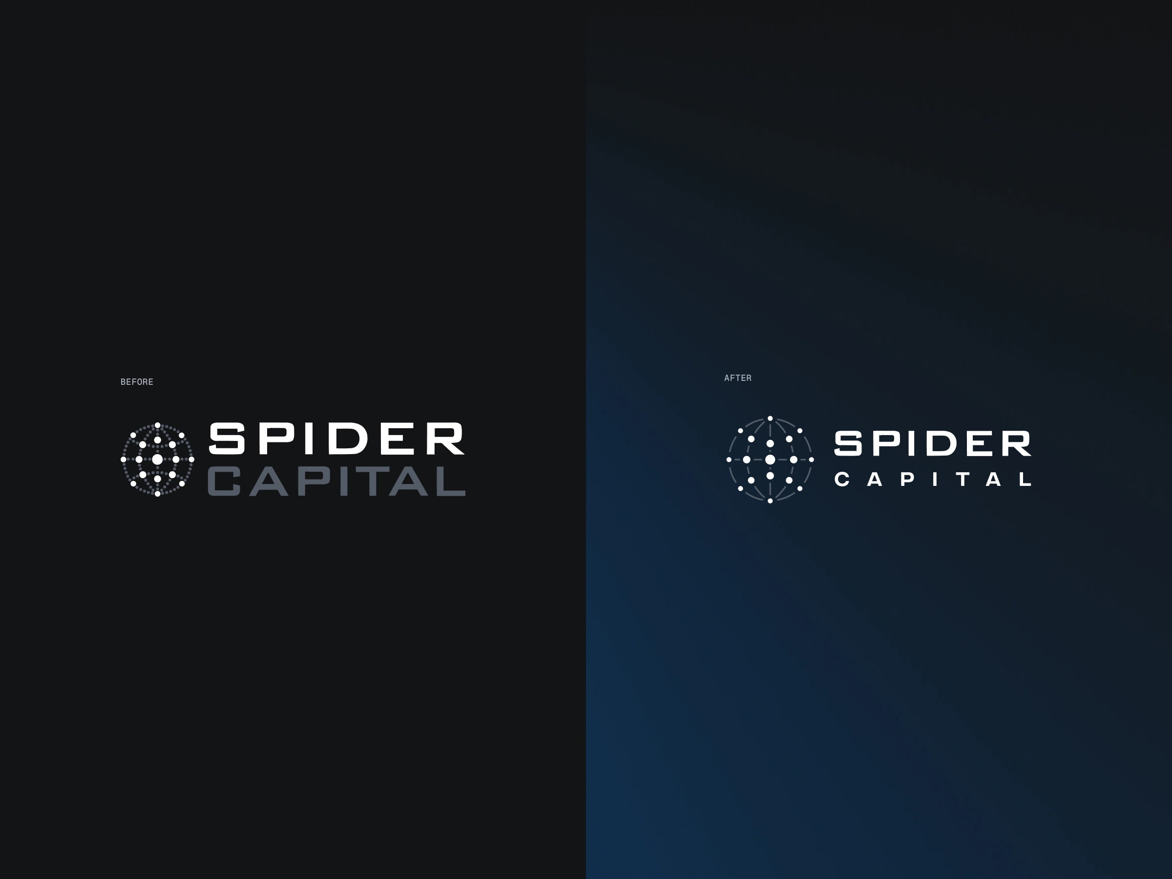 Branding – Spider Capital logo before-and-after comparison, showing the refined globe icon and updated wordmark