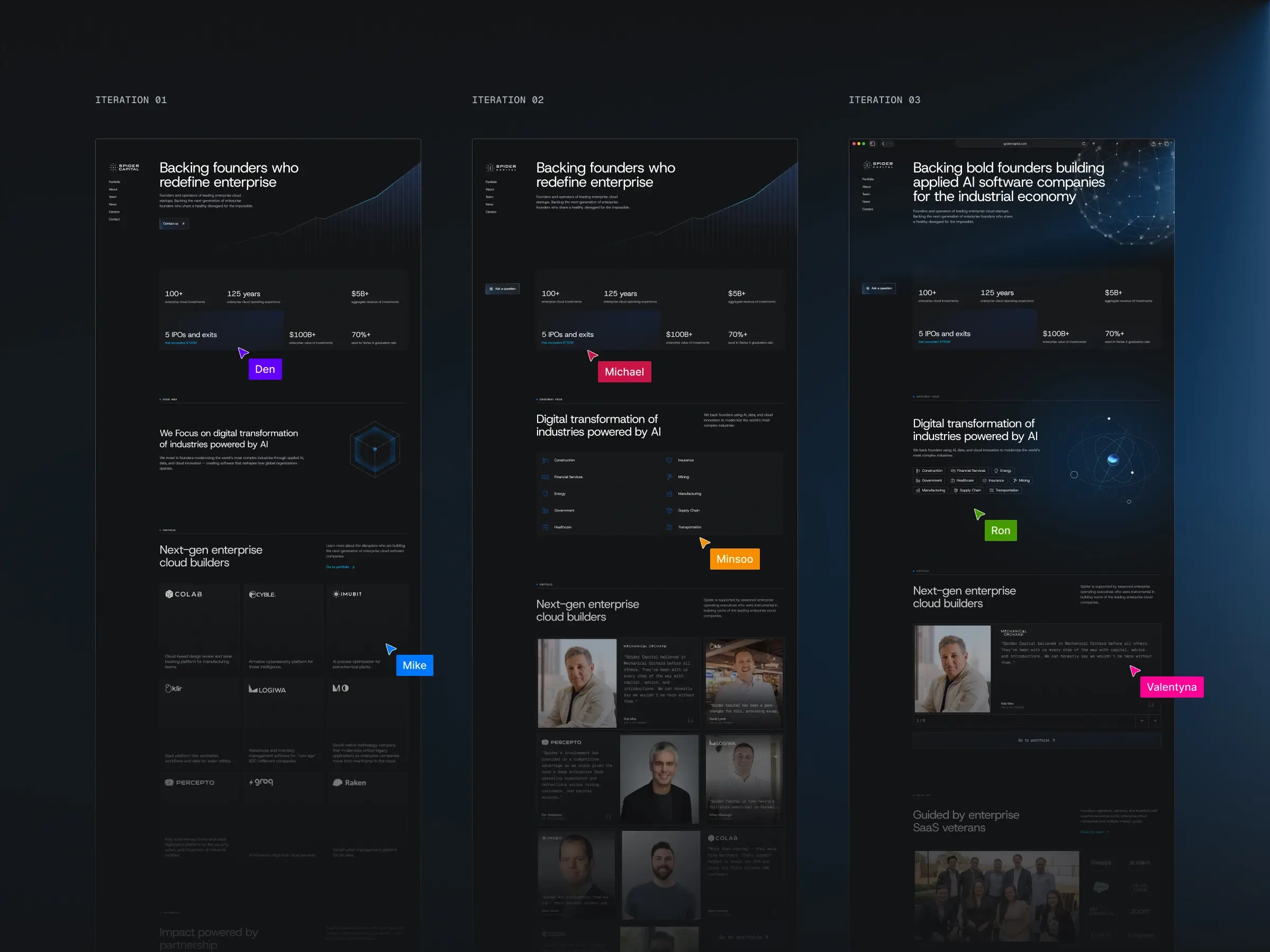 Website Redesign – Three design iterations of the homepage hero and portfolio sections with team feedback annotations