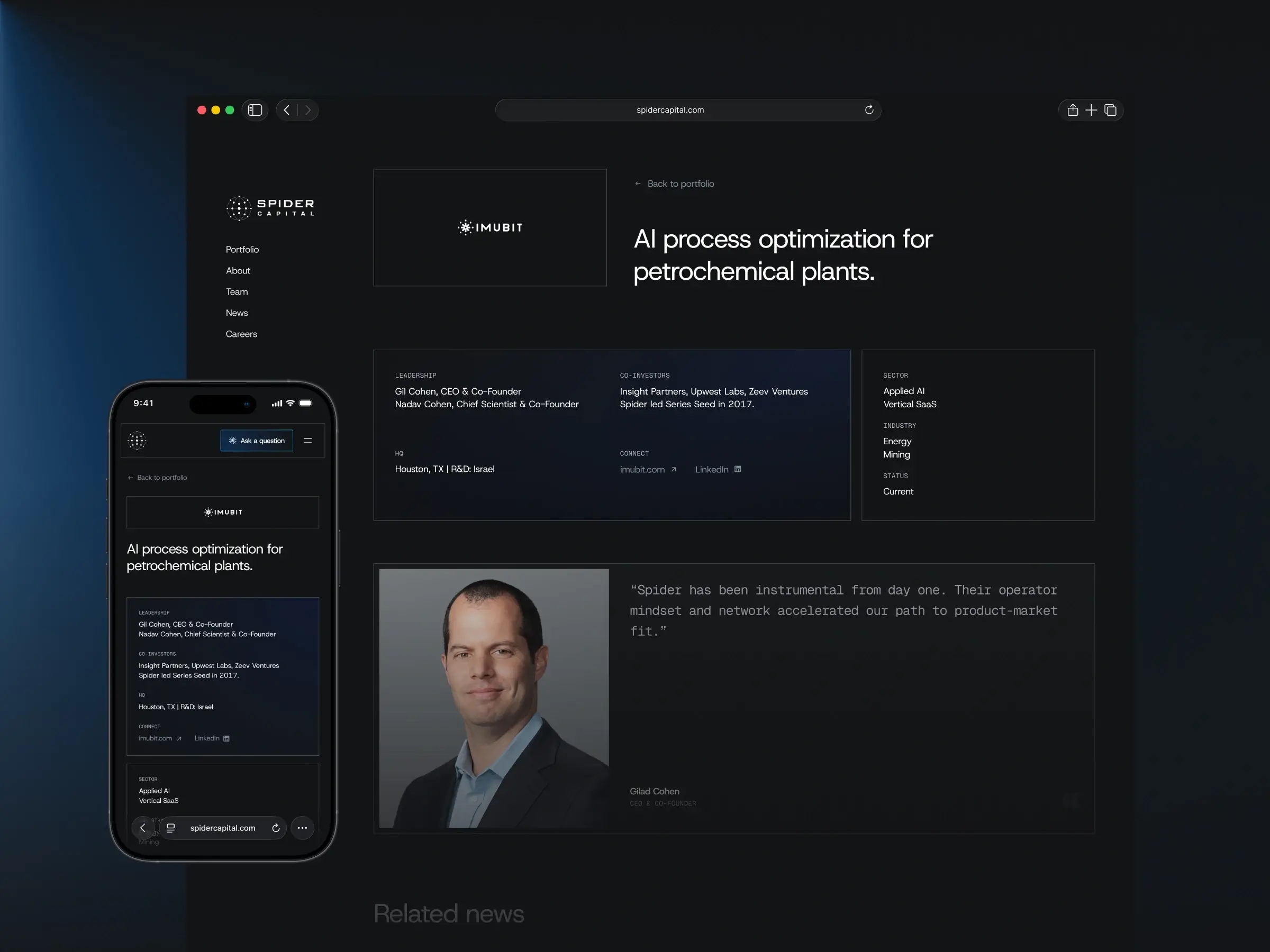 Portfolio Ecosystem – Portfolio company page shown on desktop and mobile, featuring leadership details and testimonial