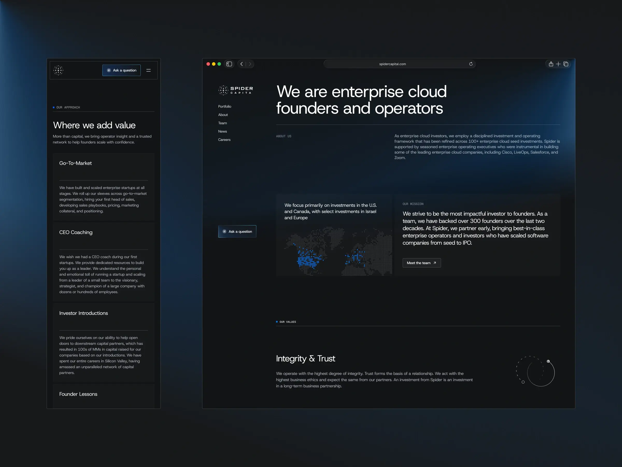 Related Pages – About page featuring the "Where we add value" section and global investment map