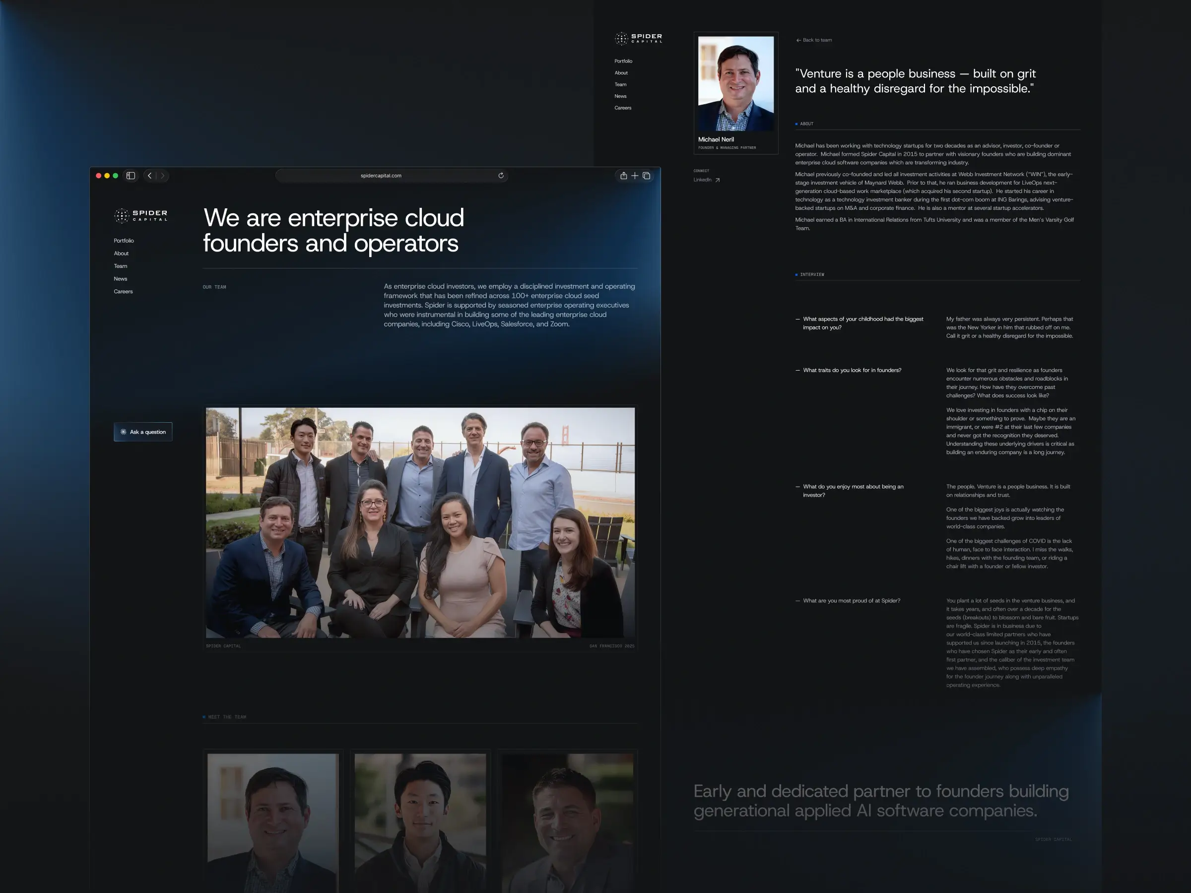 Related Pages – Team page featuring a group photo, team grid, and expanded founder profile