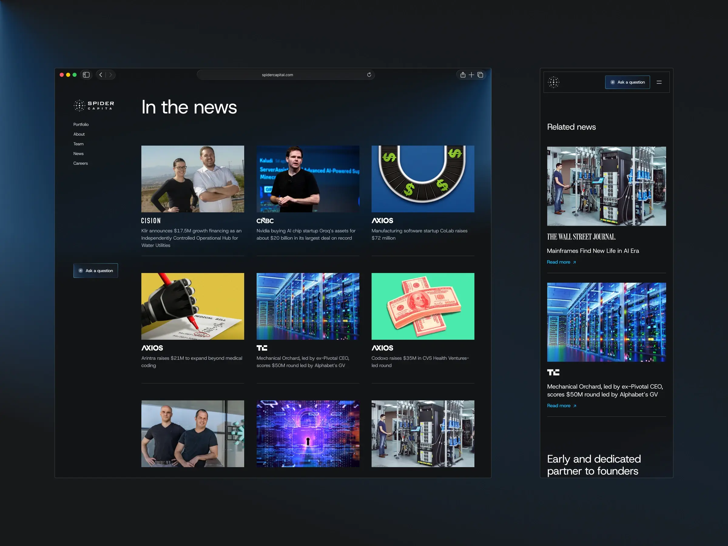 Related Pages – News page displaying press coverage grid alongside a related-news sidebar module