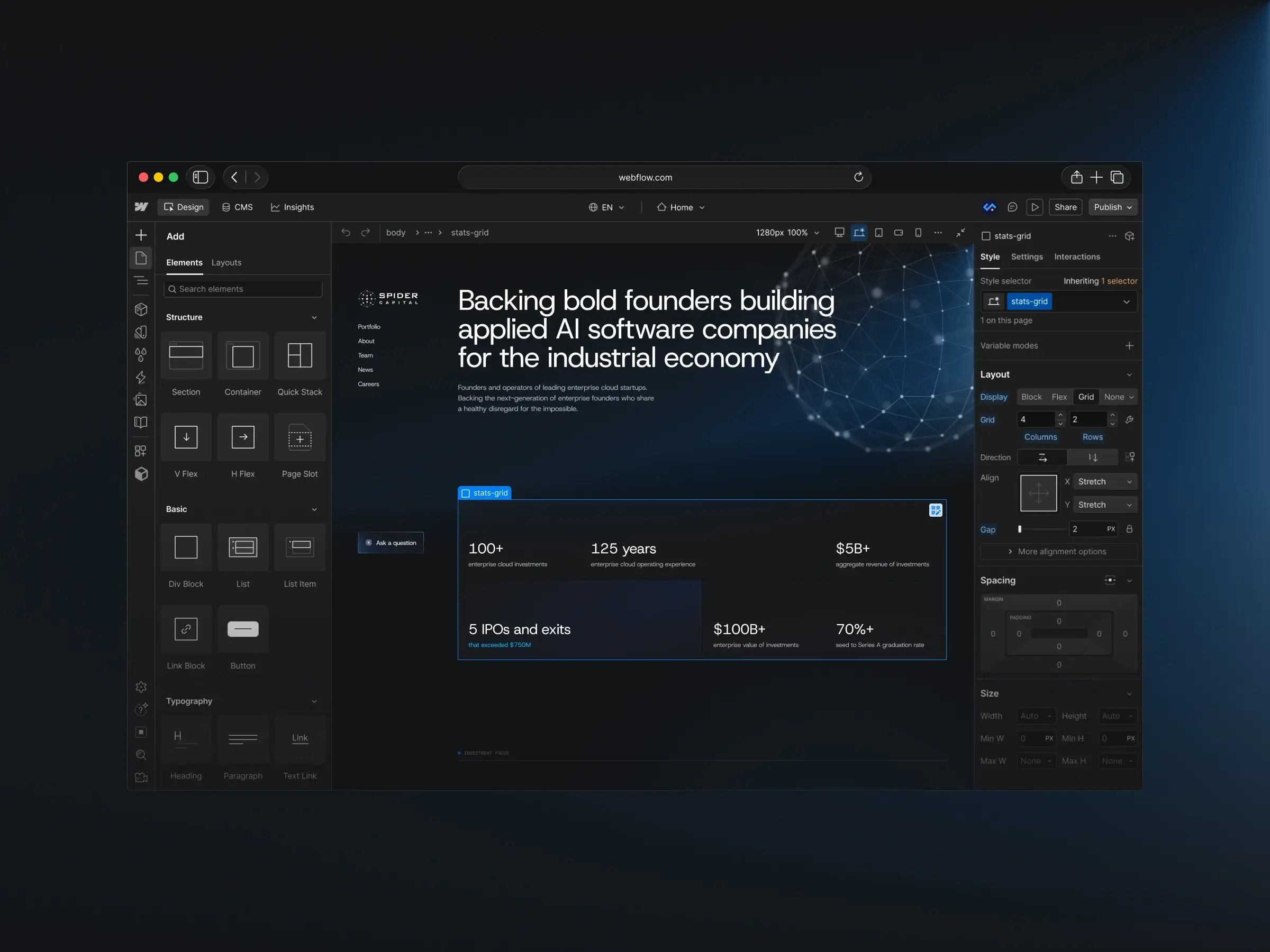 Webflow Development – Webflow Designer view of the homepage stats grid component and style panel