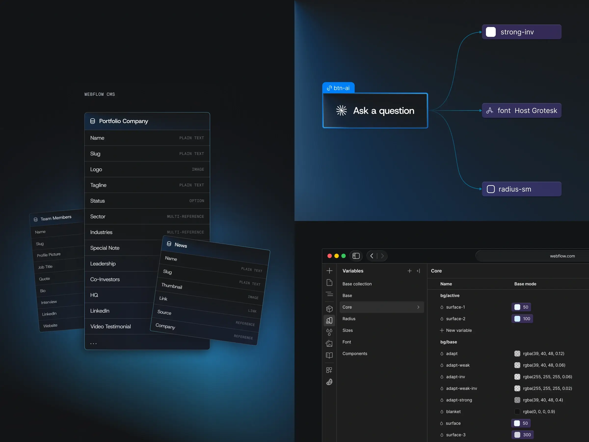 Webflow Development – Webflow CMS collections for Portfolio Company, Team, and News alongside global design variables