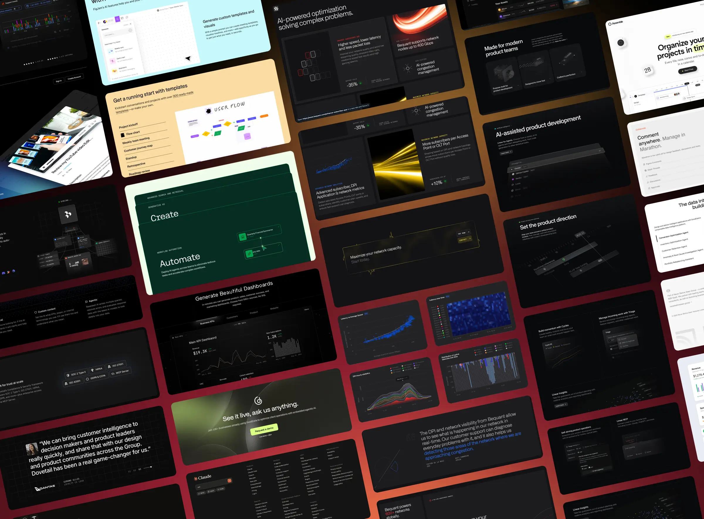 Research & Inspiration – Collage of dark-theme SaaS and BI platform references, including dashboards, AI features, and testimonial cards, gathered for visual direction