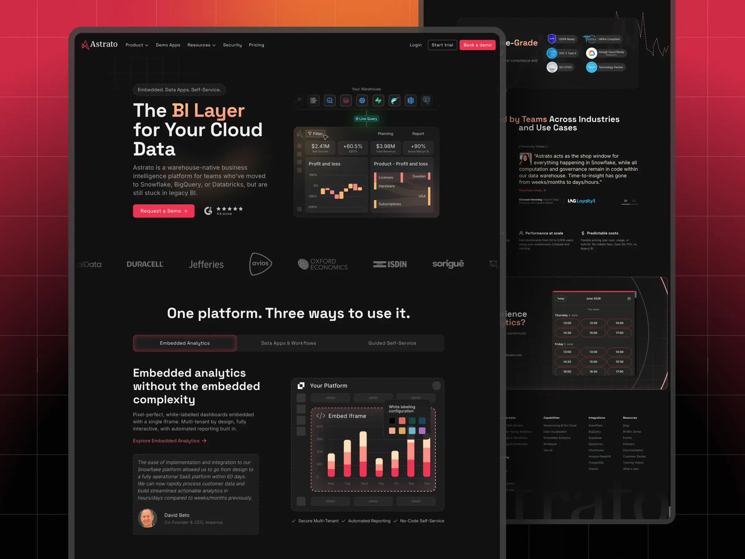 Website Design & Build – Homepage of the Astrato business intelligence platform showcasing embedded analytics, cloud data dashboards, and enterprise BI features.