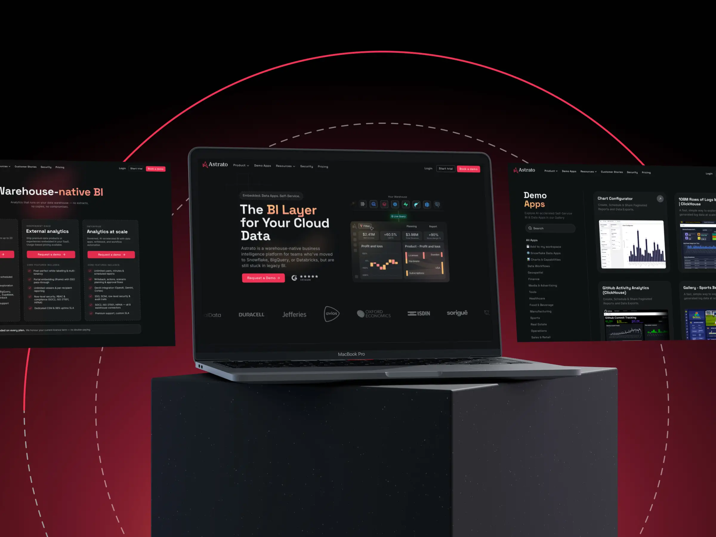 Astrato website overview – Astrato homepage displayed across a laptop and demo apps gallery, connected by dotted lines showing the component-based page structure