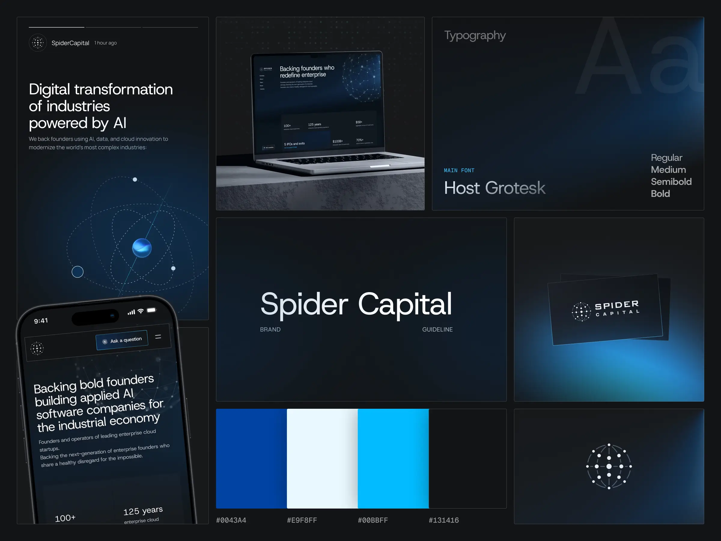 Branding – Spider Capital brand guideline overview featuring typography, color palette, and business card mockup