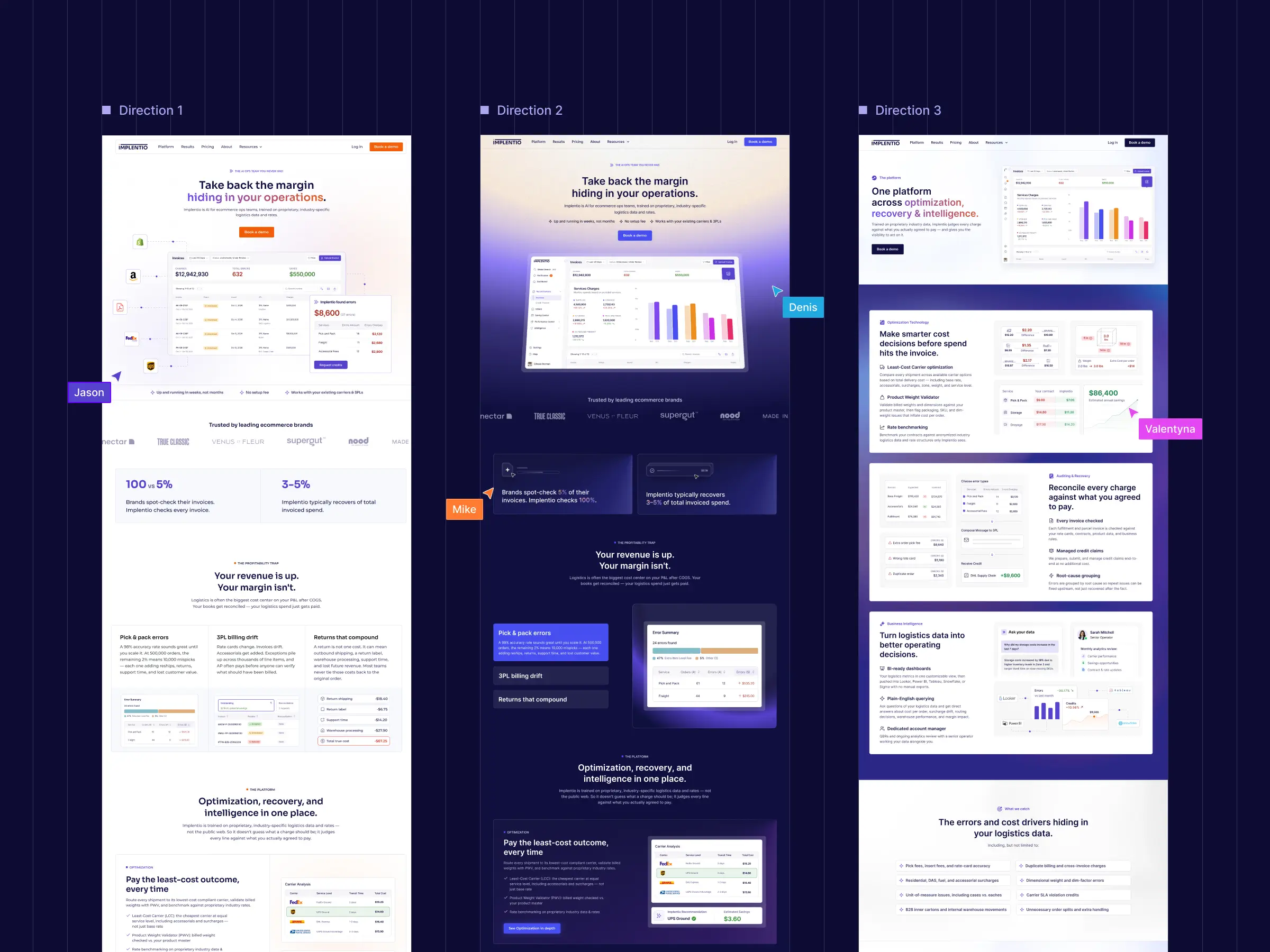 Design Directions – Three visual directions exploring different layouts, colors, and product-focused approaches for Implentio