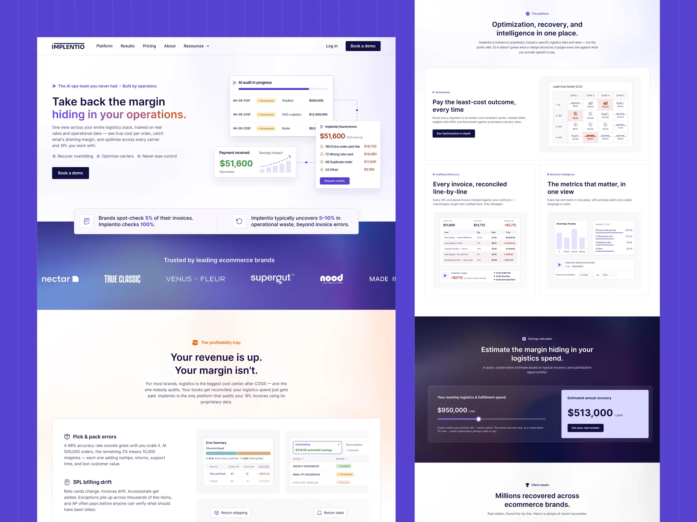 Home Page – Redesigned homepage focused on Implentio’s AI-powered margin optimization and business impact.