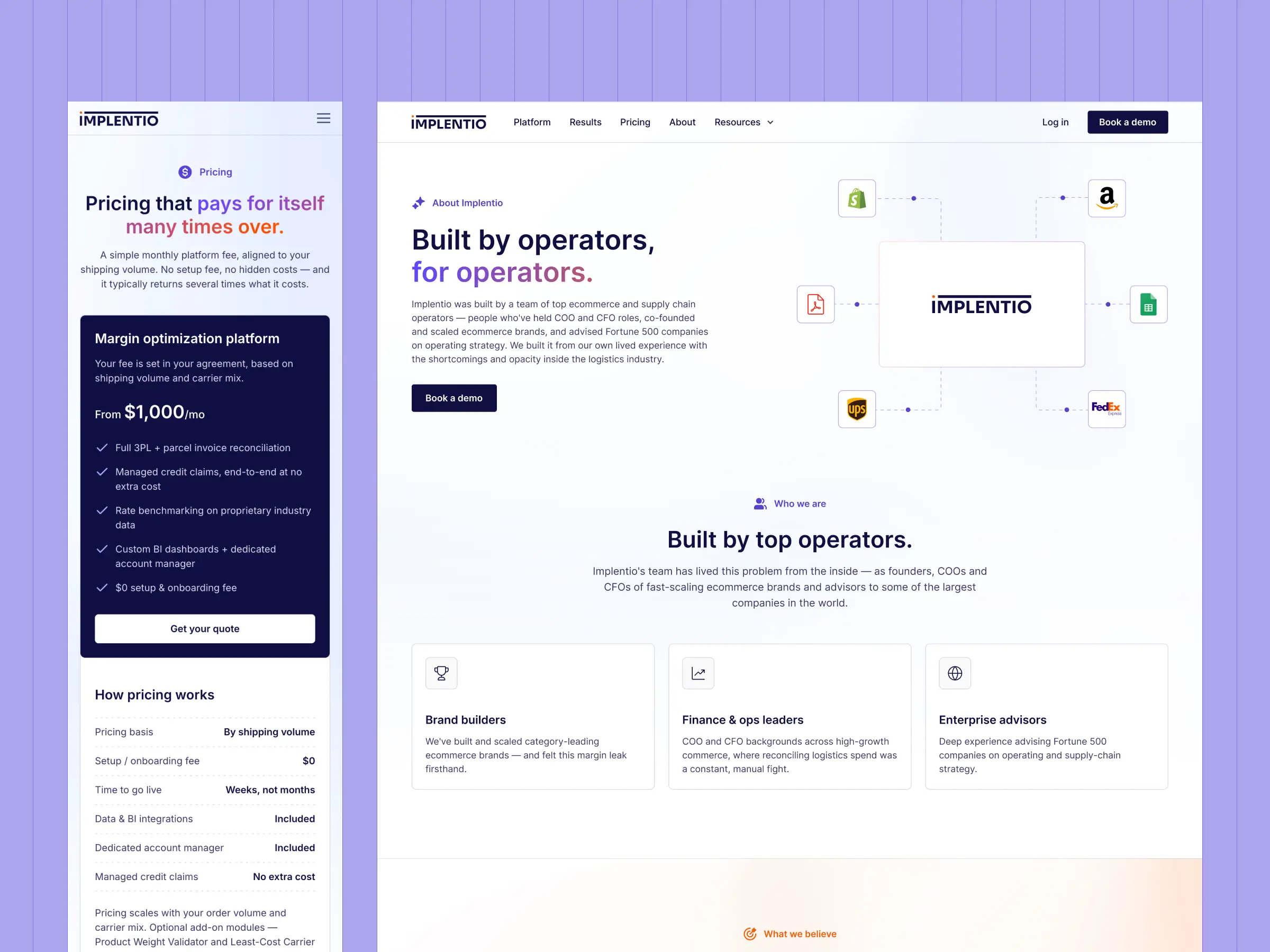 Related Pages – Pricing and About pages unified through the same visual system and messaging.