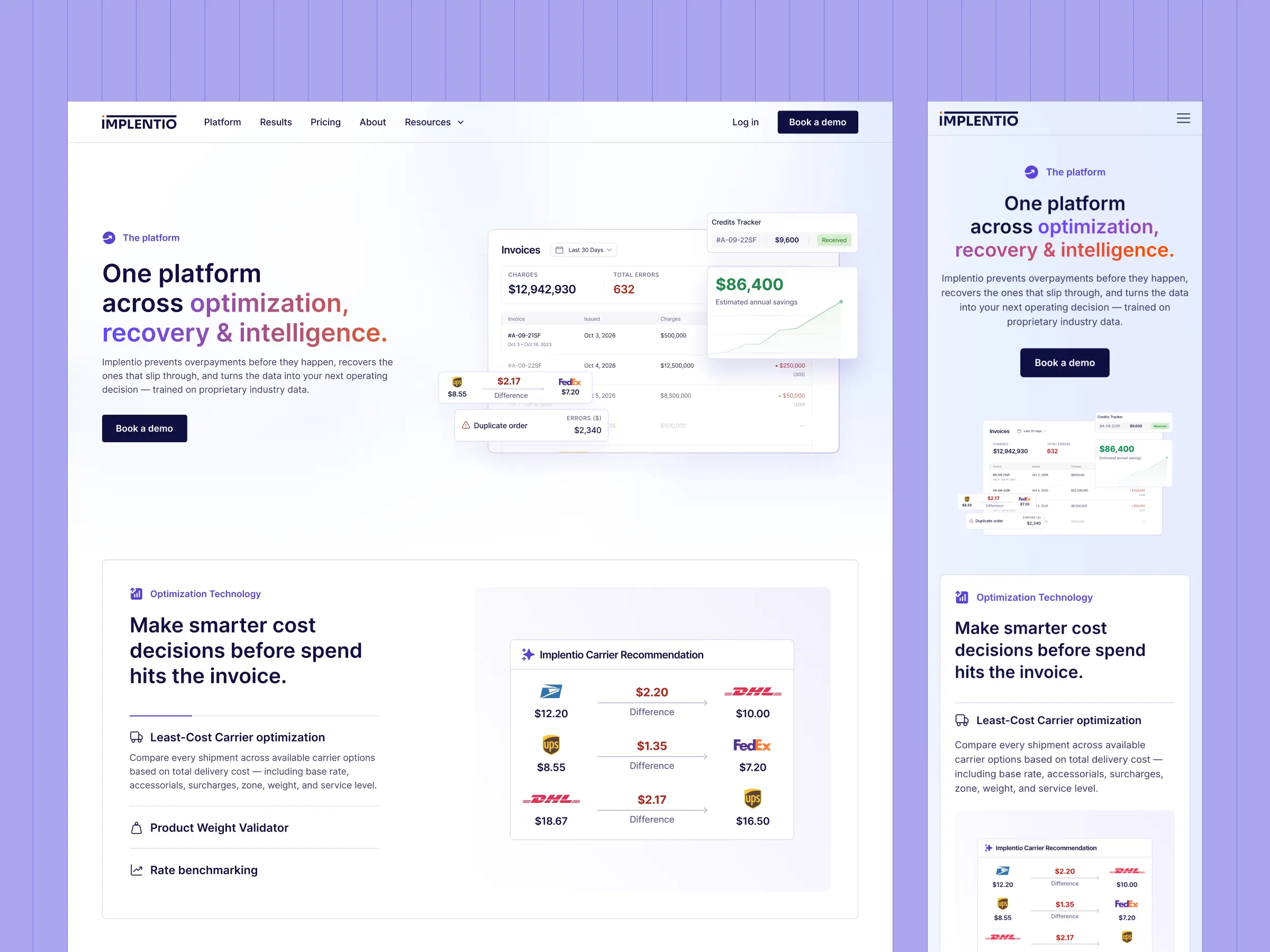 Platform Page – Product-focused page showcasing Implentio’s optimization, recovery, and intelligence features.
