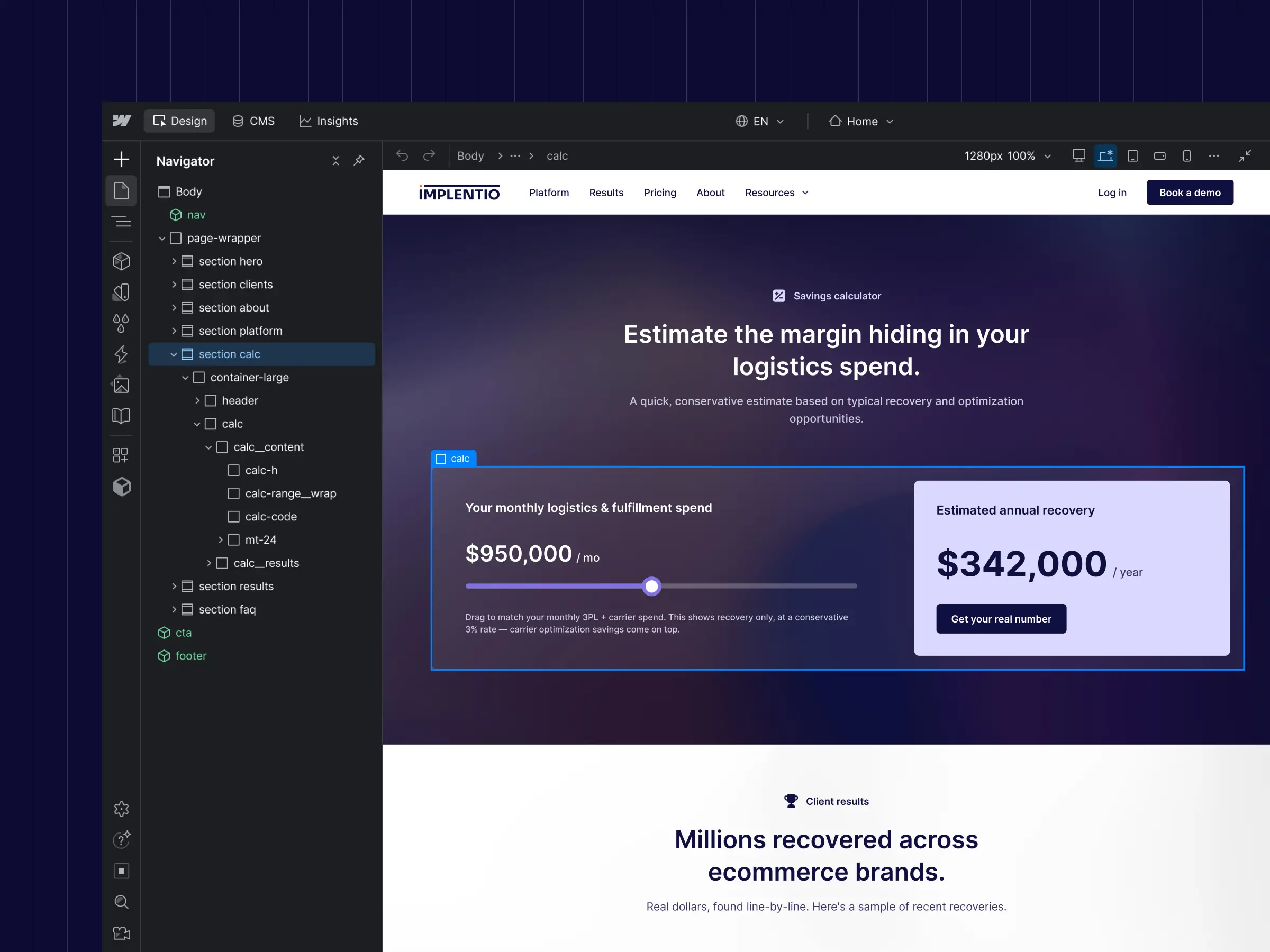 Webflow Development – Responsive Implentio website built in Webflow with interactive components and animations.