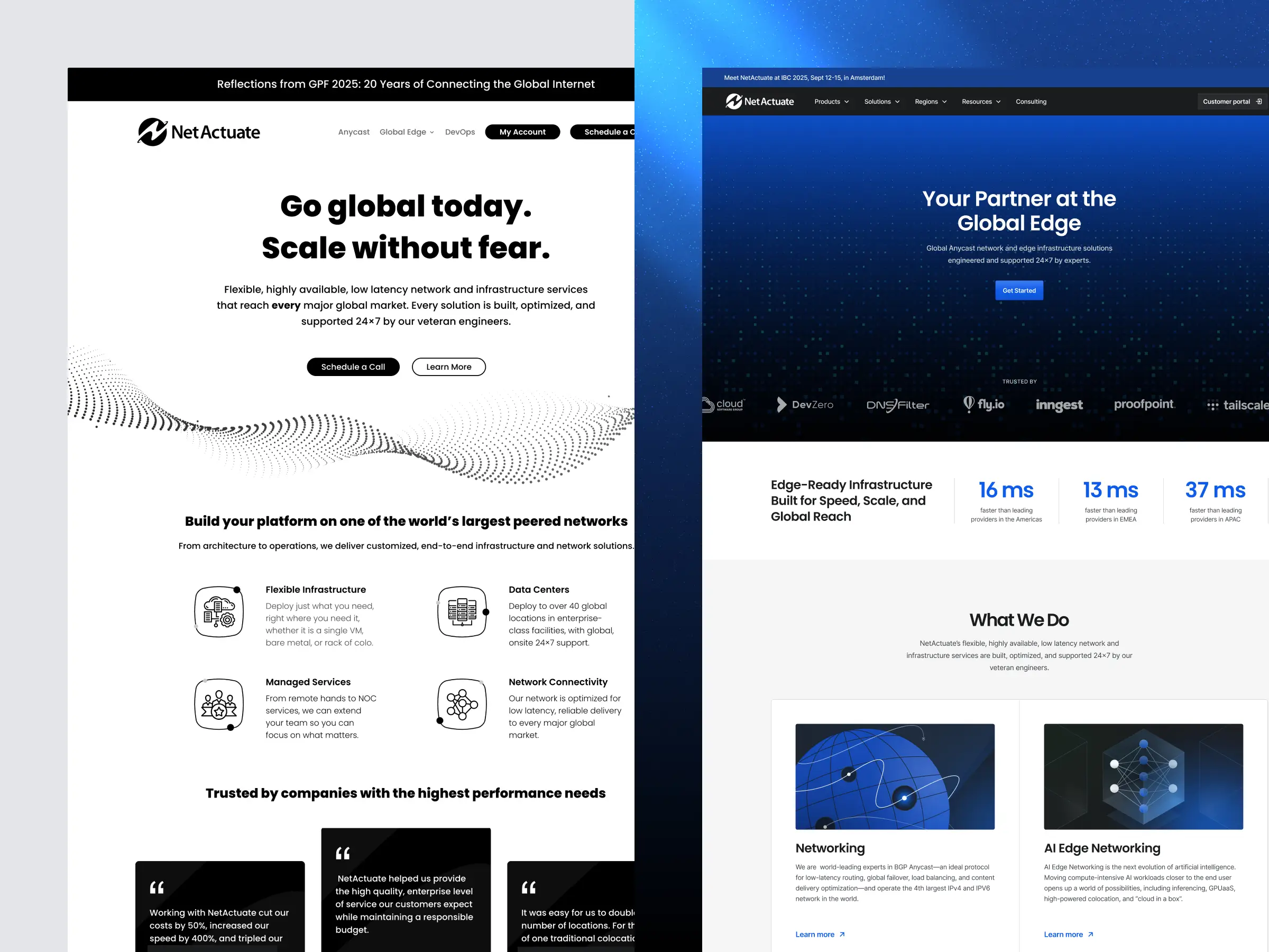 Before-and-after comparison of NetActuate's homepage redesign, showing the outdated light-themed layout next to the new dark, tech-forward hero section