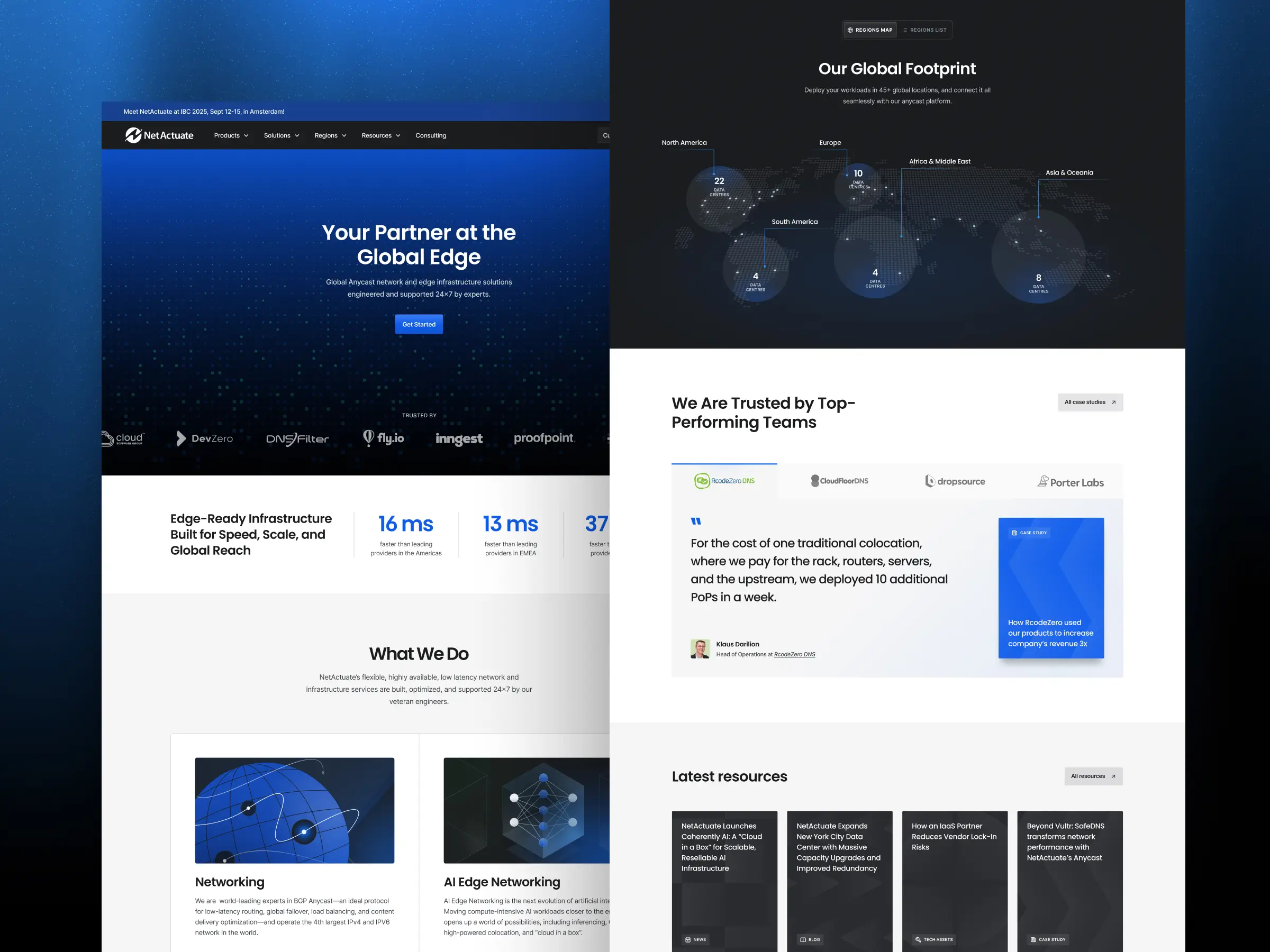 Split view of the NetActuate homepage hero and Global Footprint section with regional data center map and client testimonial highlights
