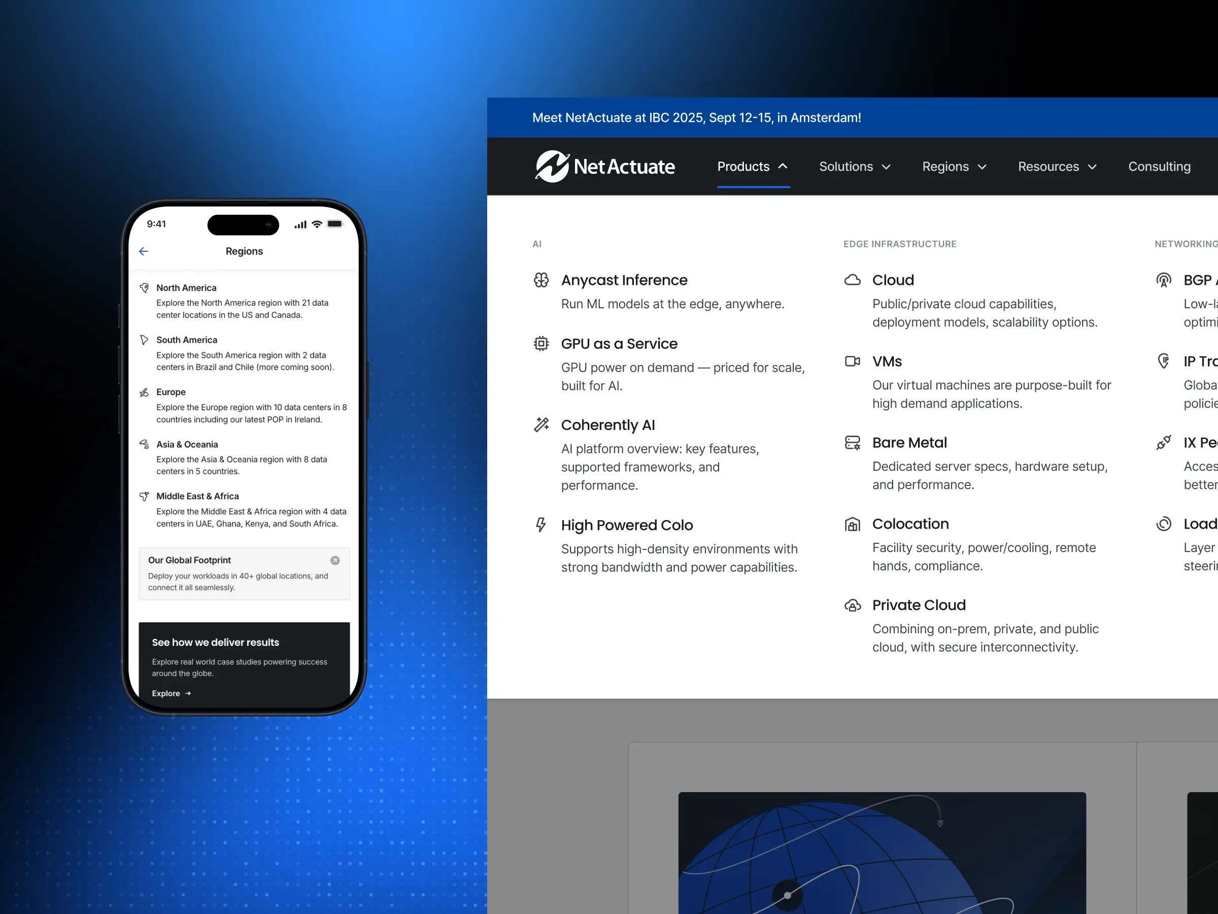 Mobile and desktop views of the mega menu showing NetActuate's AI, Edge Infrastructure, and Networking service categories