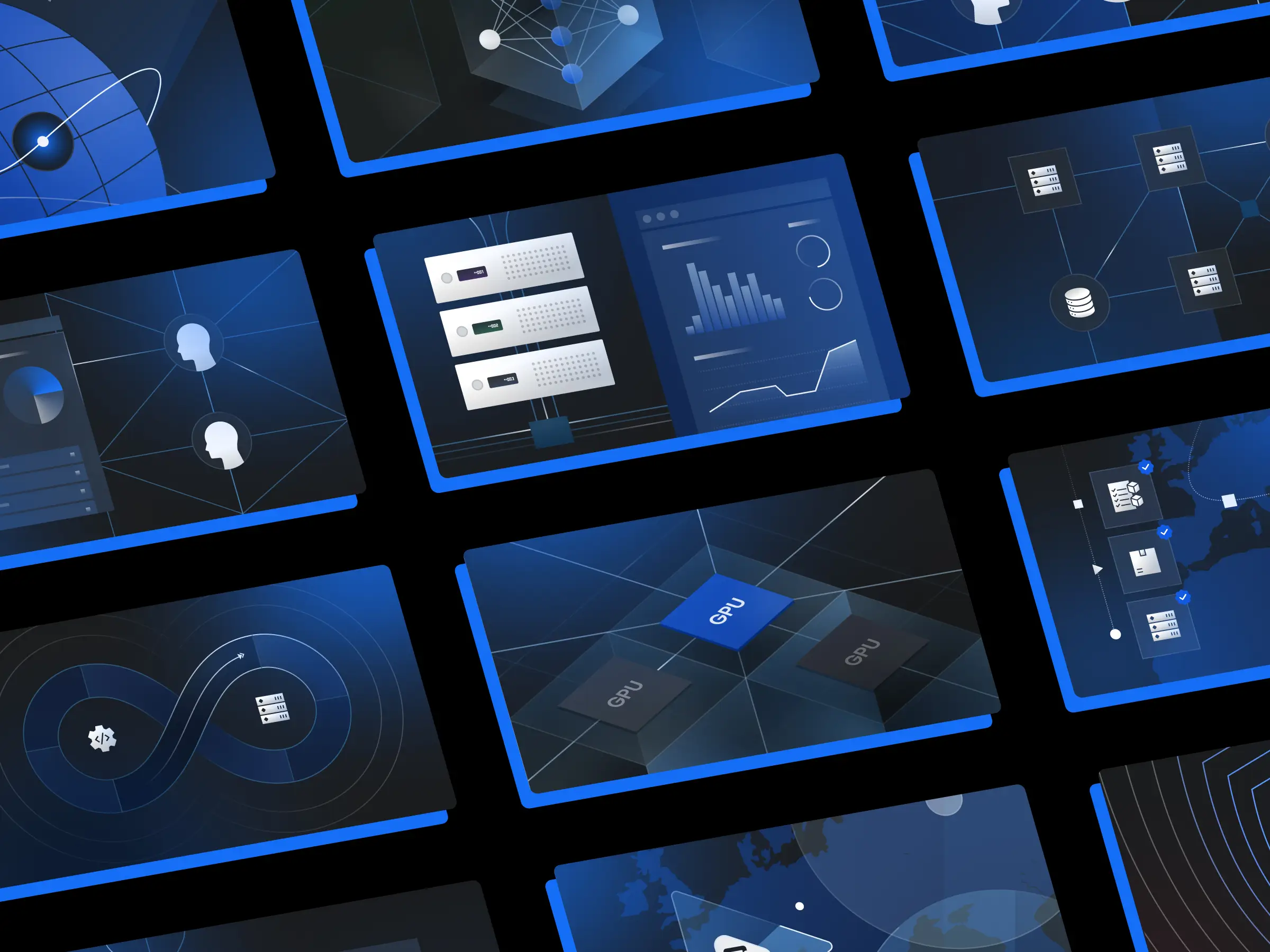 Grid of custom illustrations depicting NetActuate's AI networking, GPU infrastructure, data centers, and global logistics services