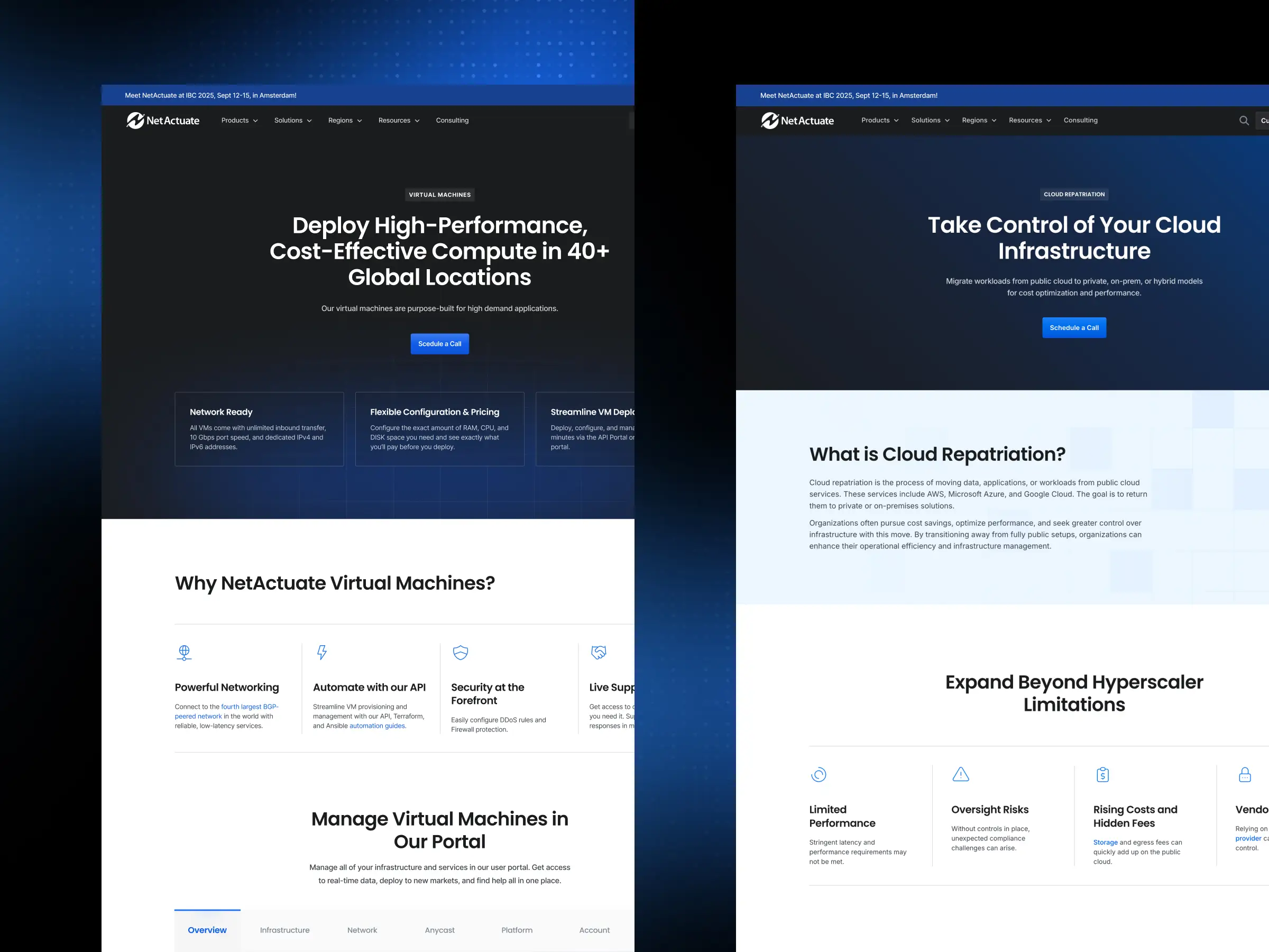 Side-by-side product page and solution page comparison for Virtual Machines and Cloud Repatriation solutions, showing hero sections and feature highlight