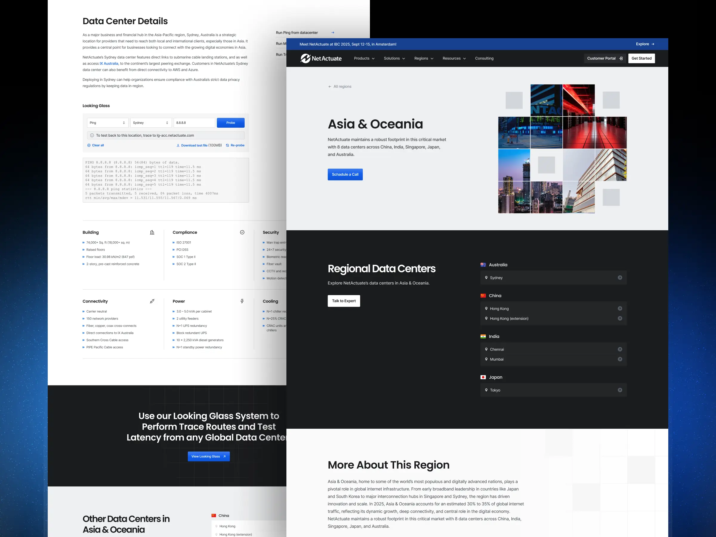 Data center location page template showing the Sydney facility details alongside the Asia & Oceania regional overview page