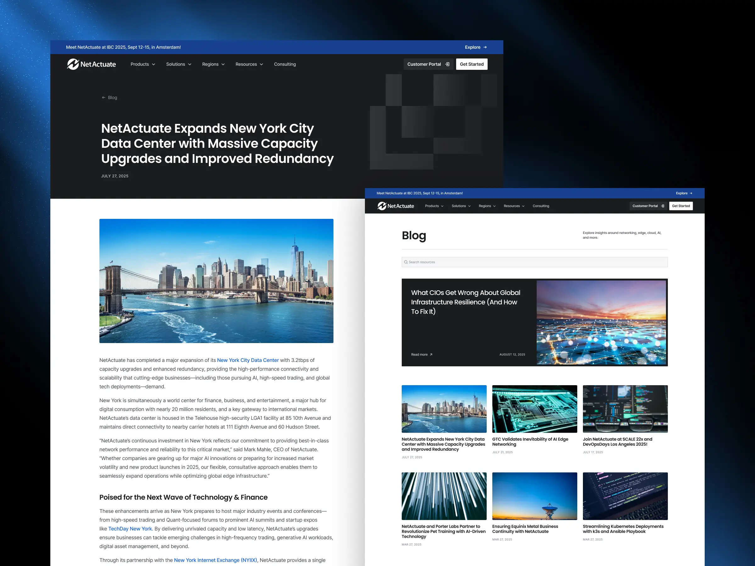 Blog post page and blog listing template showing NetActuate's New York City data center expansion article and resource grid