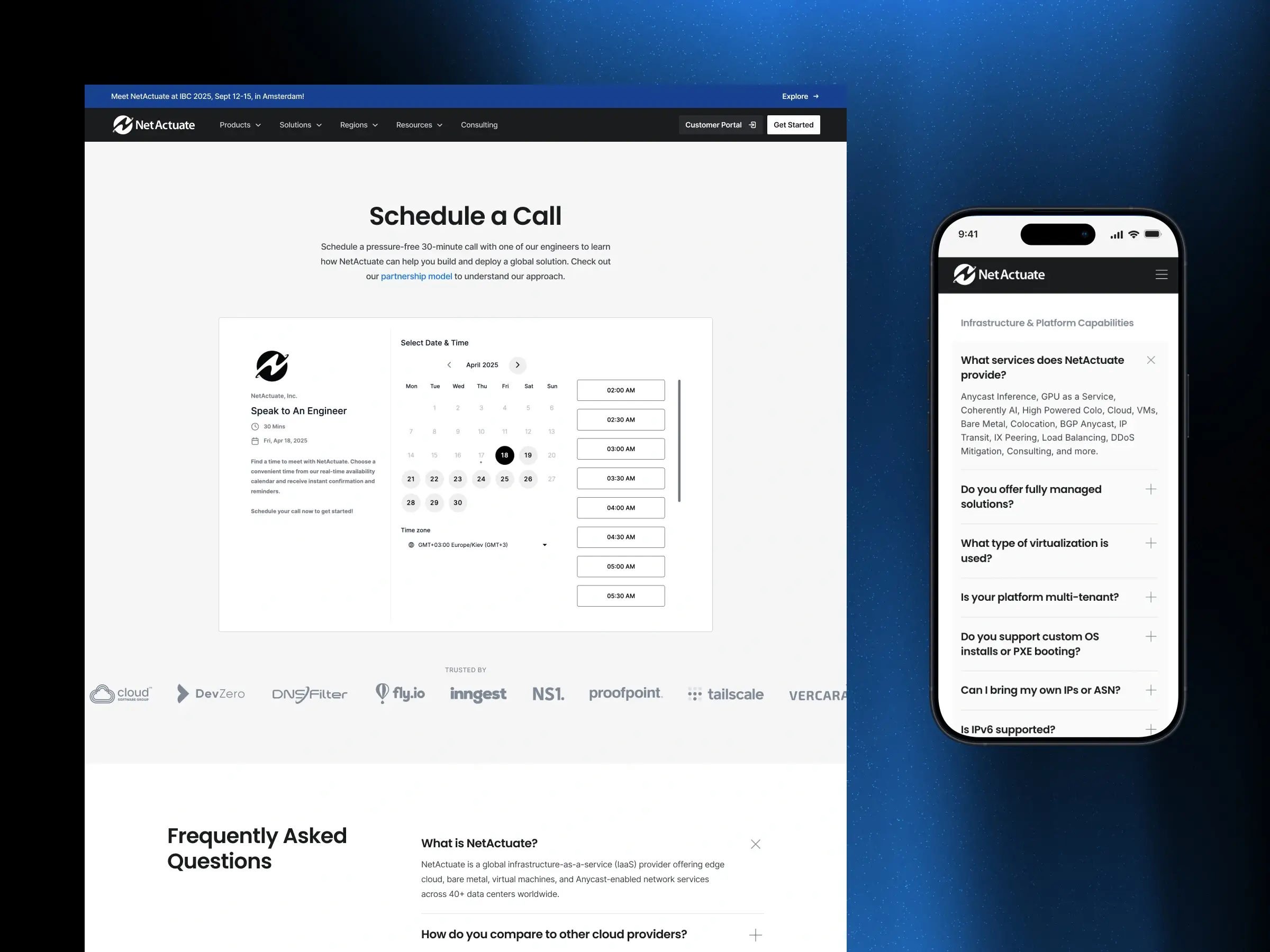 Schedule a Call booking page alongside a mobile FAQ accordion for infrastructure and platform capabilities