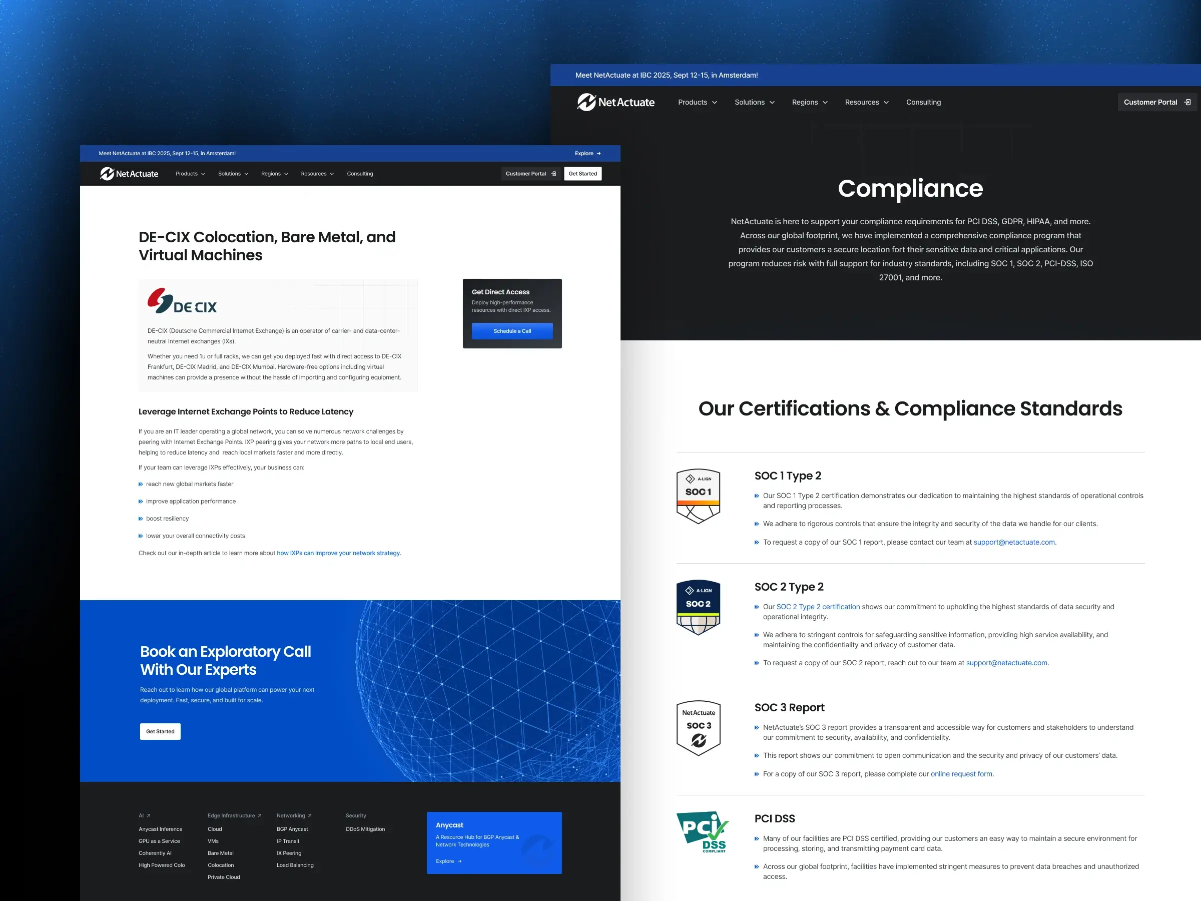 DE-CIX colocation partnership page and Compliance page showing SOC 1, SOC 2, and PCI DSS certification details