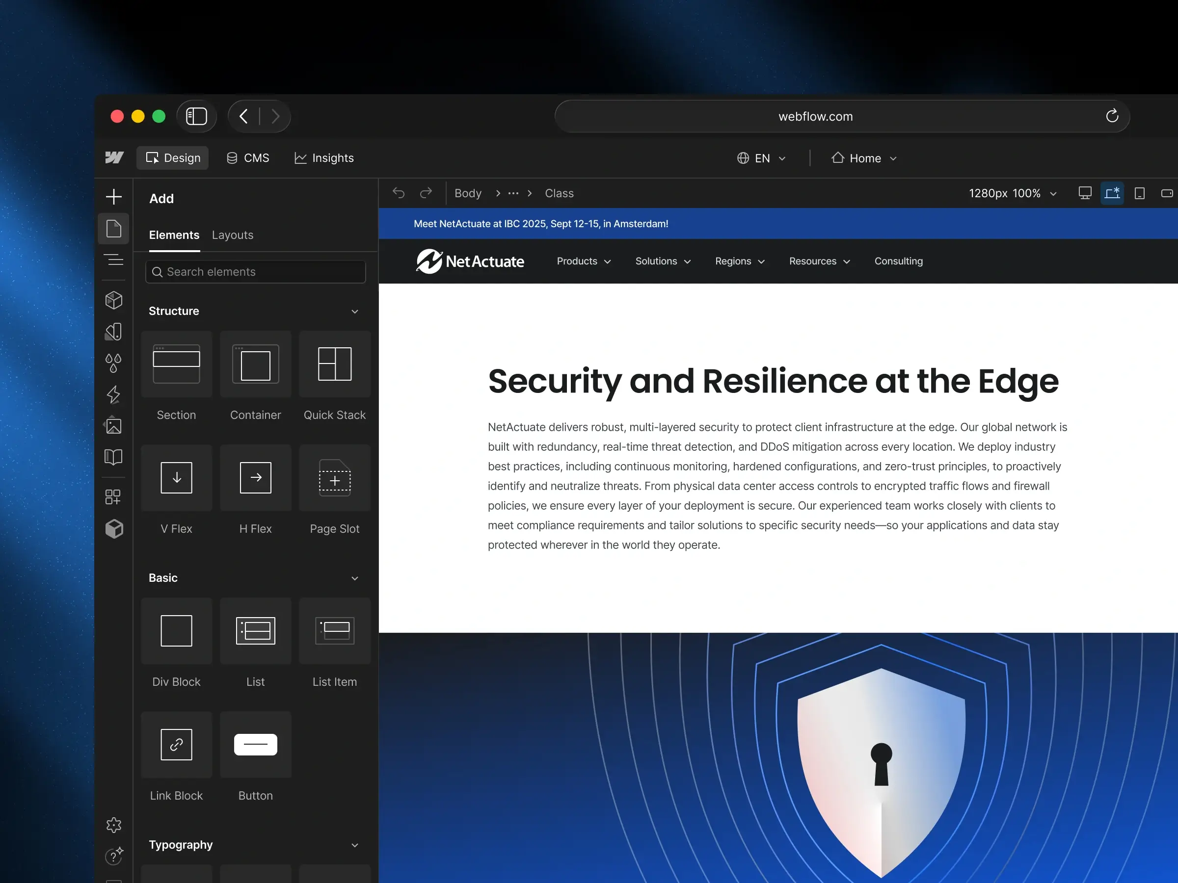 Webflow Designer view of the Security and Resilience page being built, showing the elements panel and live canvas preview