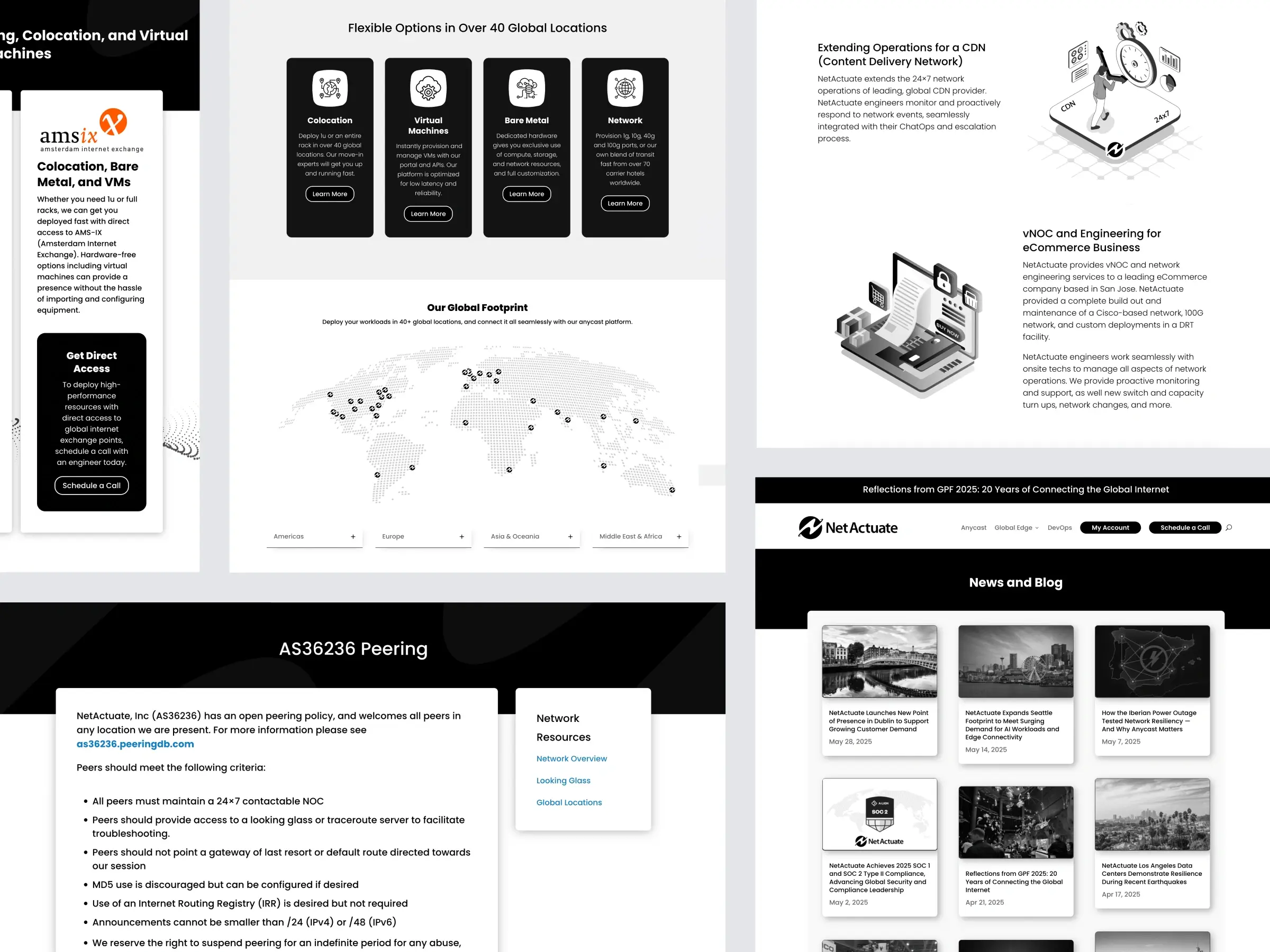 Collage of network infrastructure pages showing global footprint map, AS36236 peering policy, and news/blog archive in grayscale