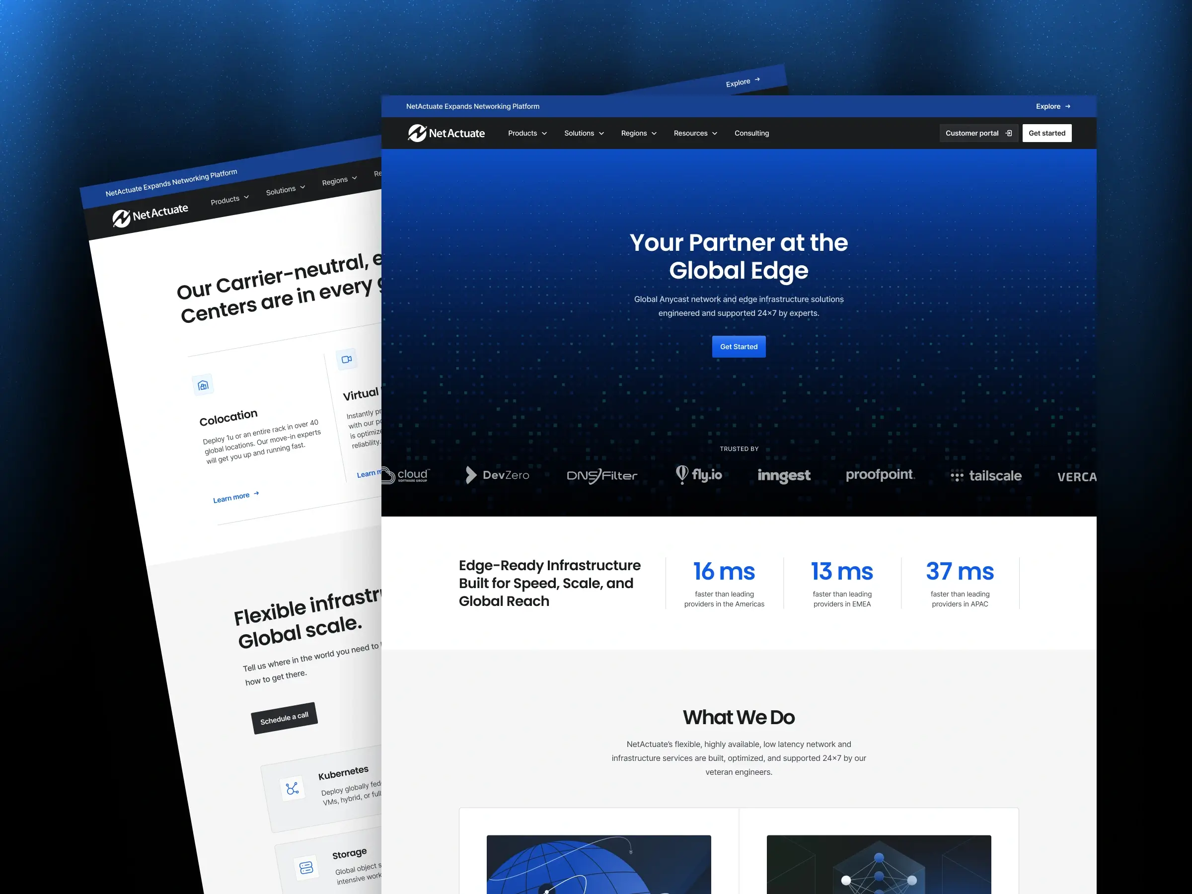 ngled mockup of the NetActuate website showing the "Carrier-neutral Data Centers" page layered behind the homepage hero, "Your Partner at the Global Edge"