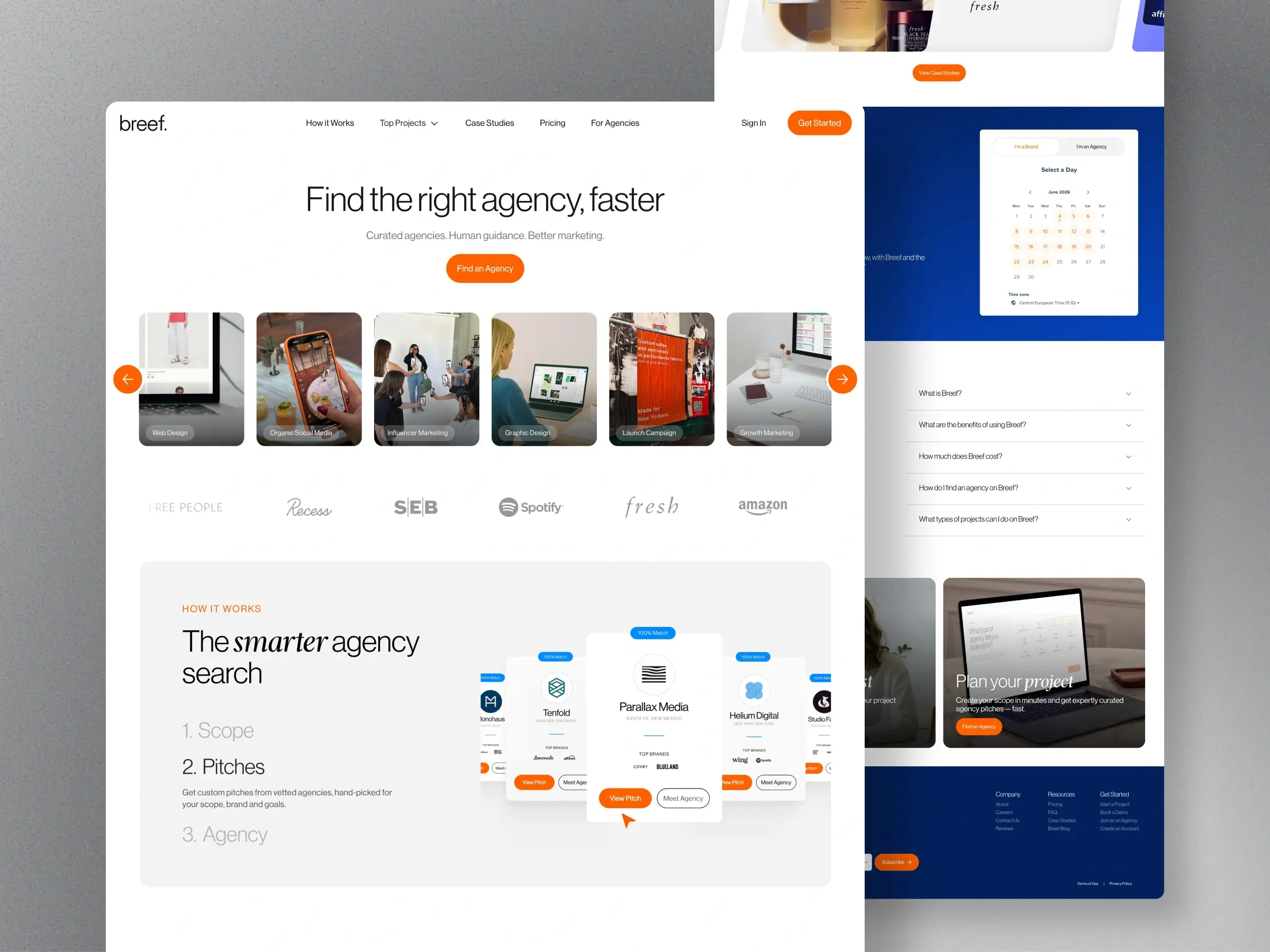 Agency marketplace website - Overview of Breef’s redesigned platform experience - Highlights agency discovery, project planning, pitching, and booking across key website sections