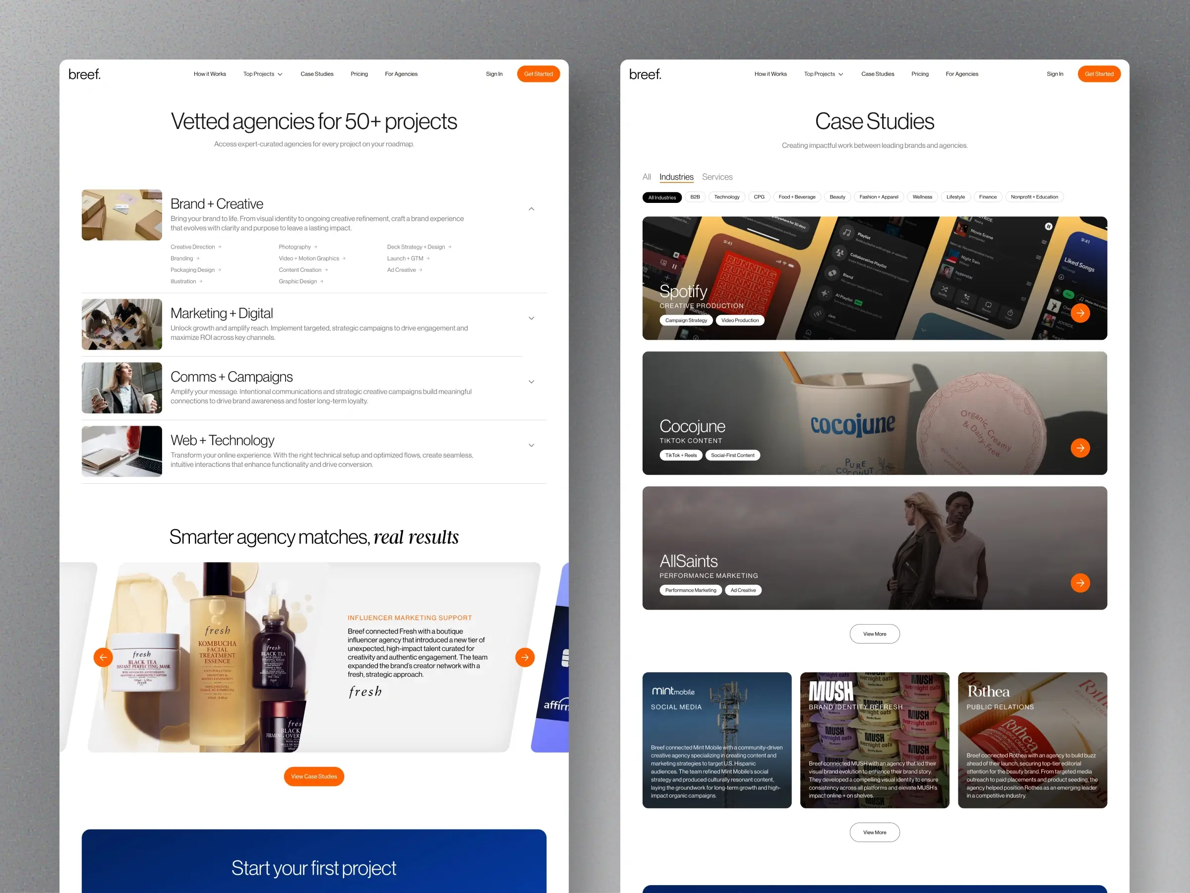 Agency marketplace website - Overview of Breef’s project categories and case studies - Highlights curated agency services, successful brand collaborations, and real project outcomes