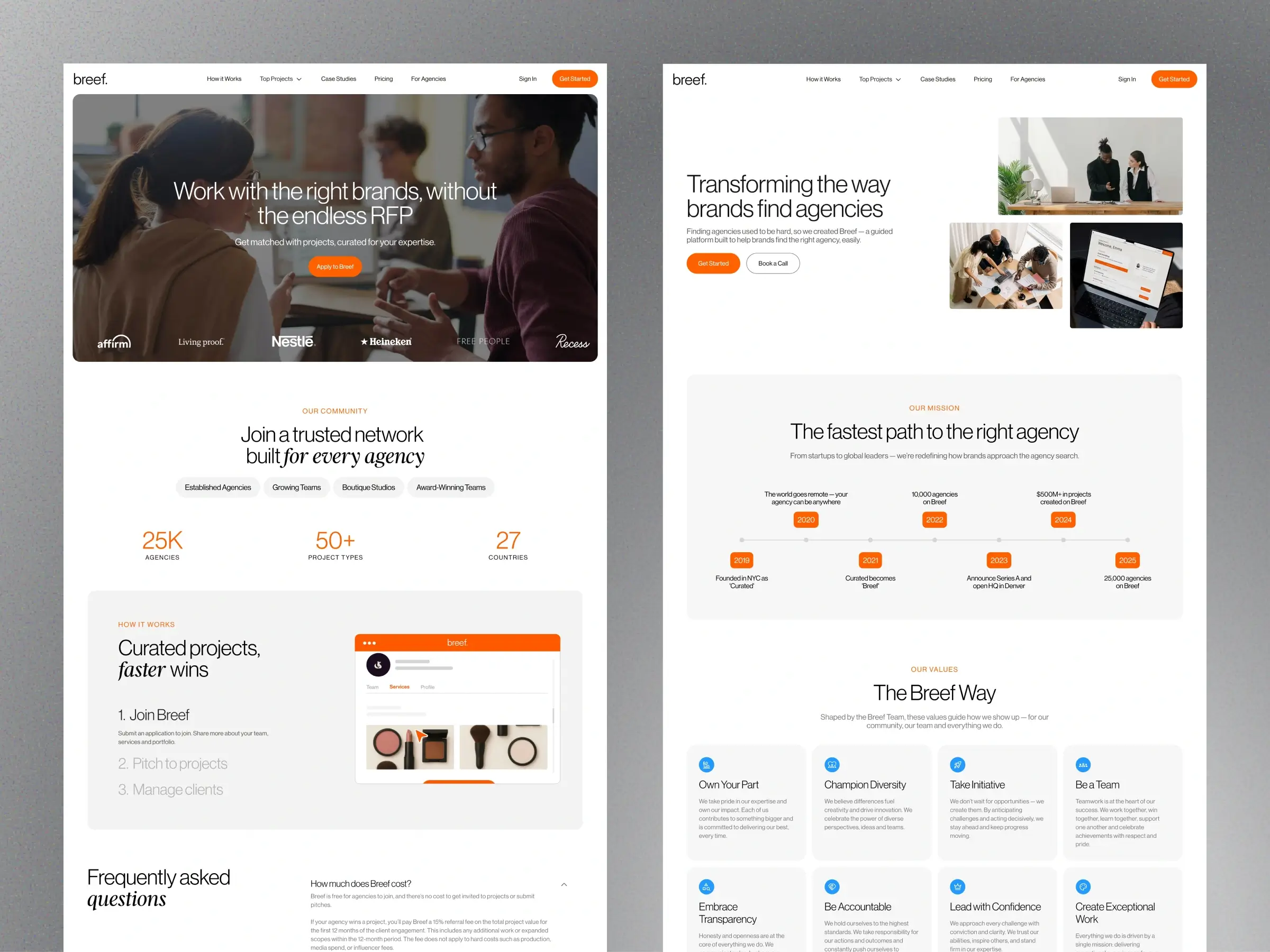 Agency marketplace website - Overview of Breef’s agency network and company mission - Highlights curated project opportunities, platform growth, community values, and the agency matching process