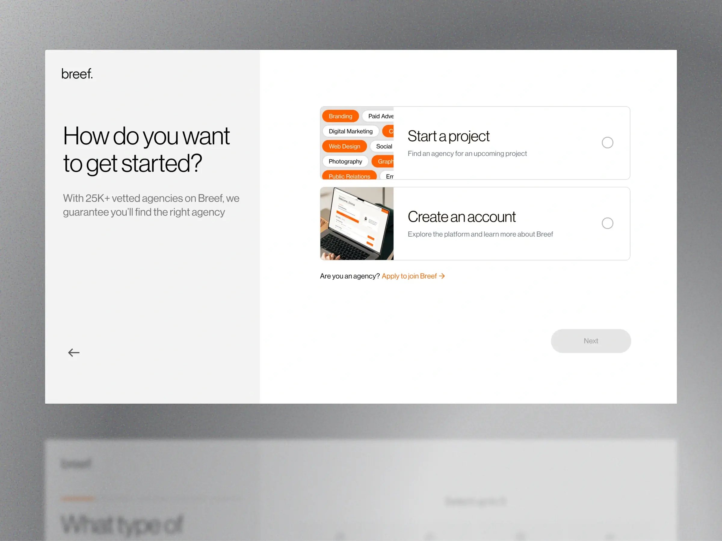 Agency marketplace onboarding screen - Overview of Breef’s account setup experience - Highlights options to start a project, create an account, or apply as an agency