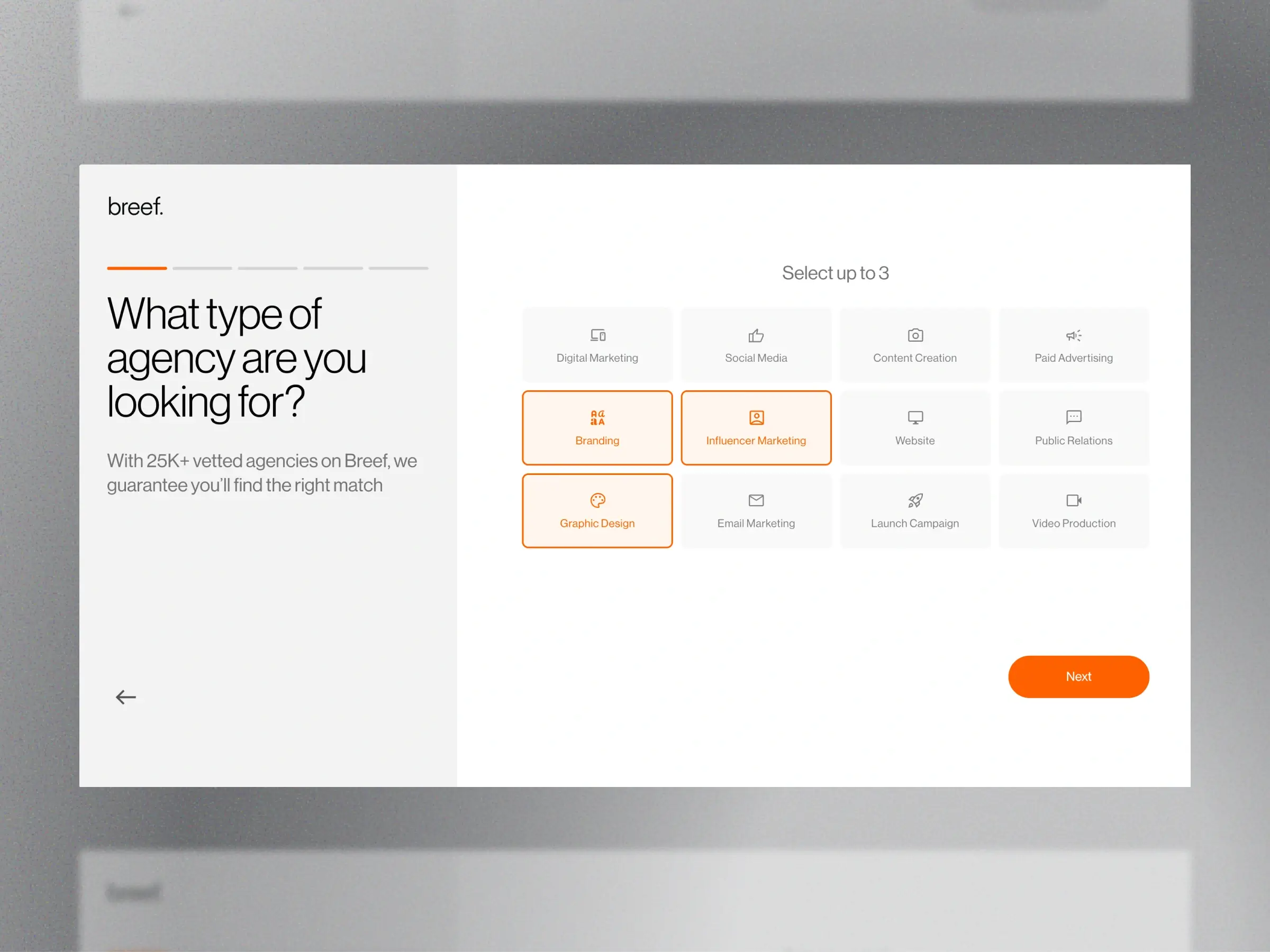 Agency marketplace onboarding screen - Overview of Breef’s agency type selection step - Highlights multi-select options for matching users with the right marketing agencies