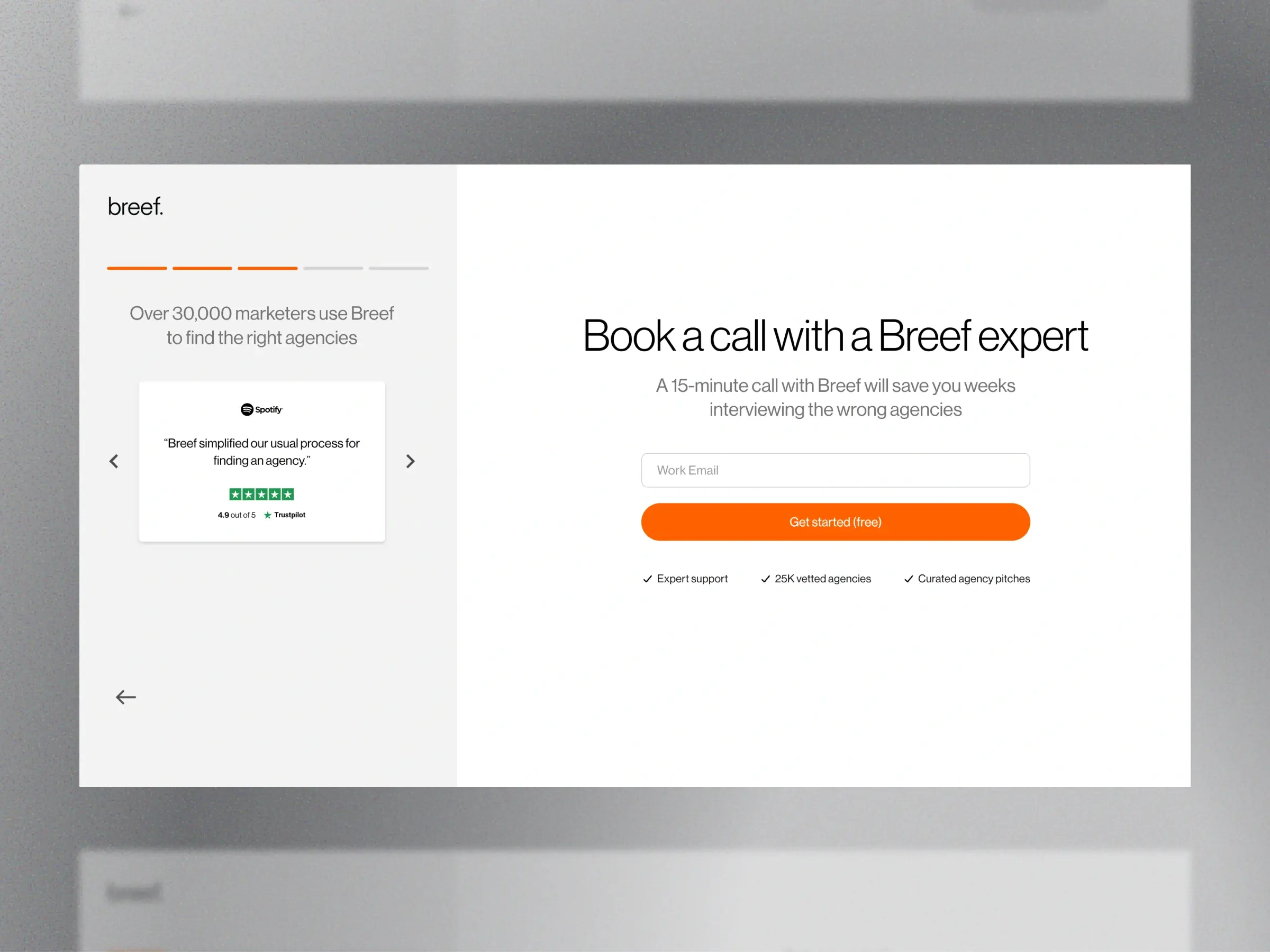Agency marketplace onboarding screen - Overview of Breef’s expert call booking step - Highlights work email capture, expert support, vetted agencies, and curated agency pitches