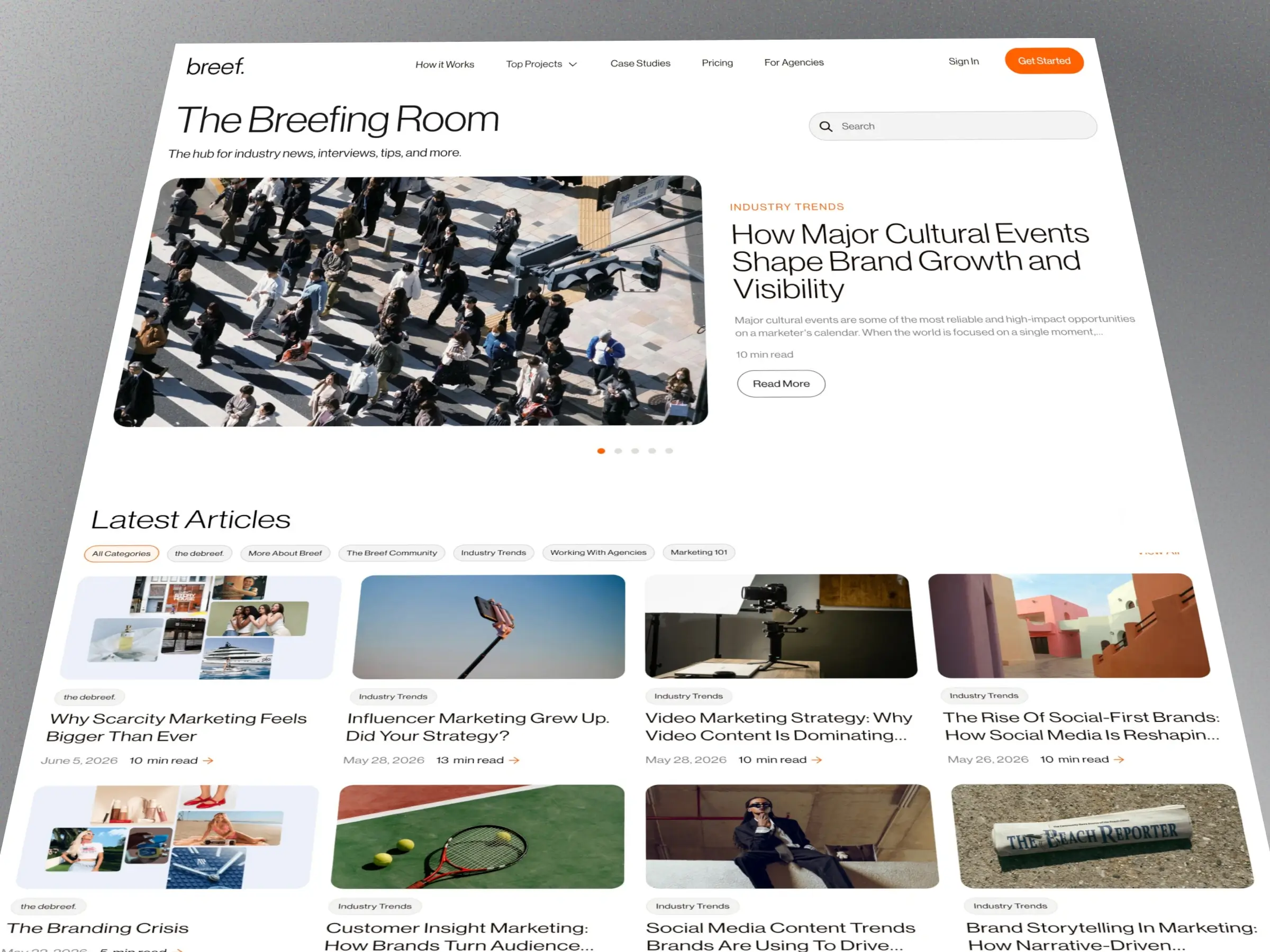 Marketing insights website - Overview of Breef’s Briefing Room content hub - Highlights featured industry trends, searchable articles, and the latest marketing insights