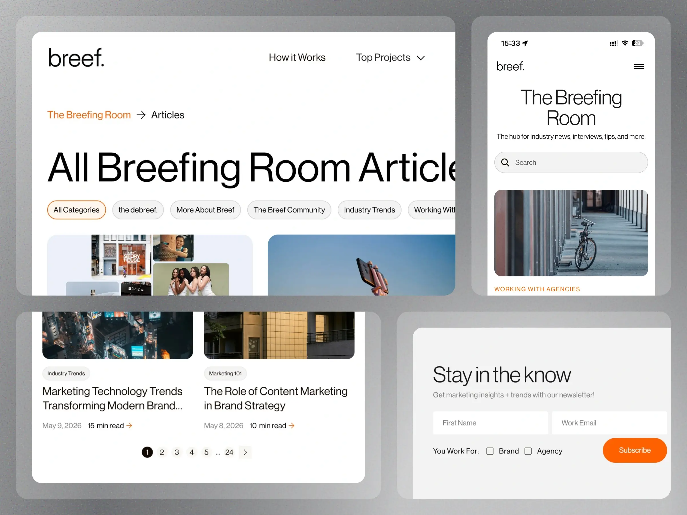 Marketing insights website - Overview of Breef’s Briefing Room article library - Highlights responsive article browsing, category filtering, pagination, and newsletter signup