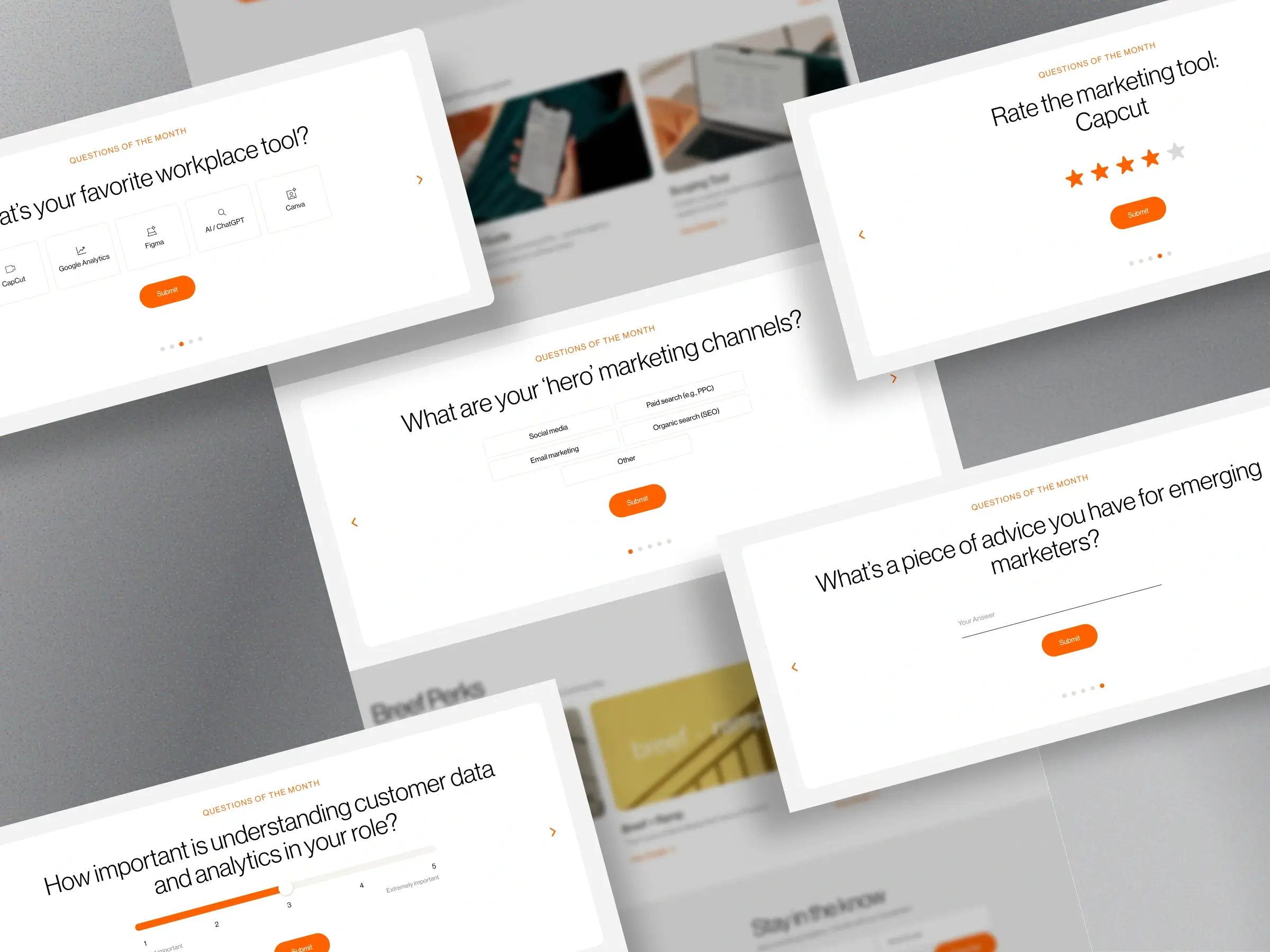 Interactive survey interface - Overview of Breef’s Questions of the Month formats - Highlights polls, ratings, multiple choice, open responses, and sliding-scale questions