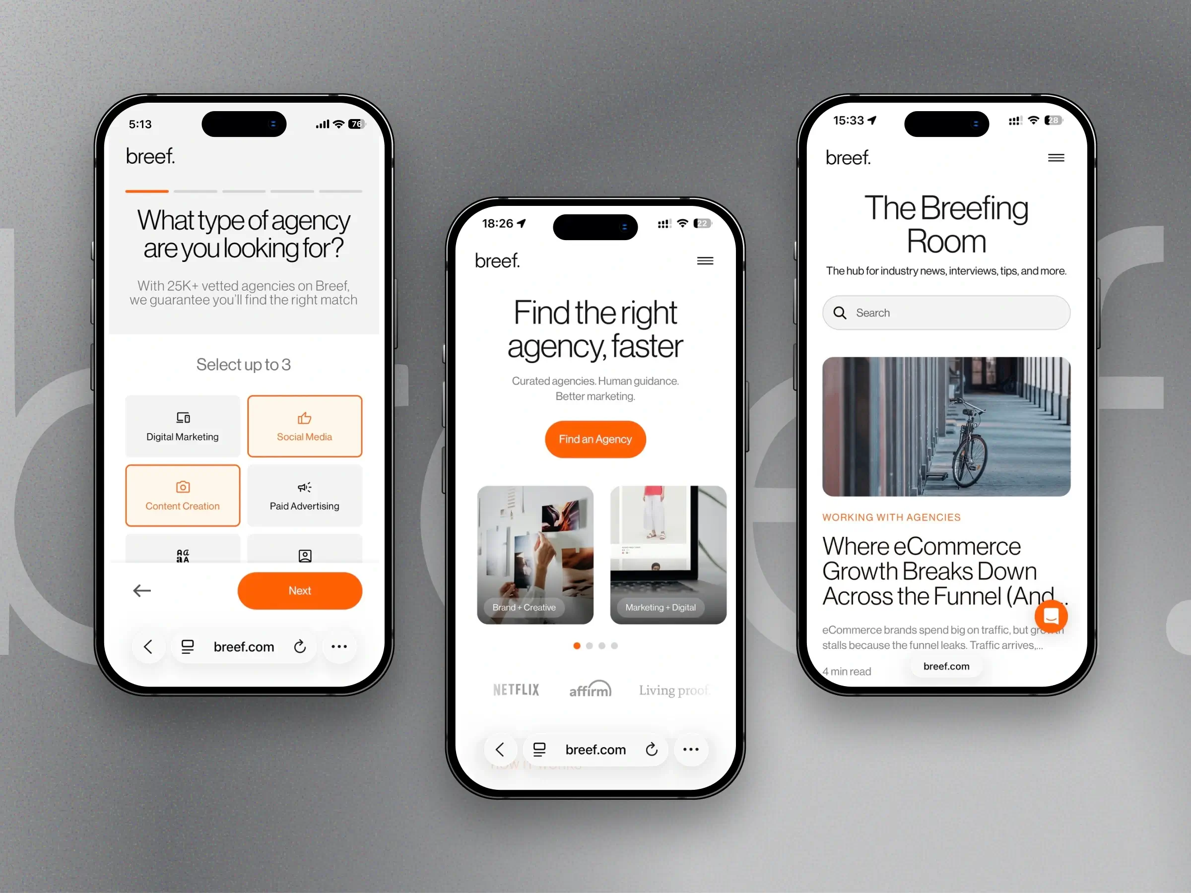 Responsive agency marketplace - Overview of Breef’s mobile experience - Highlights onboarding, agency discovery, and content browsing across key user journeys