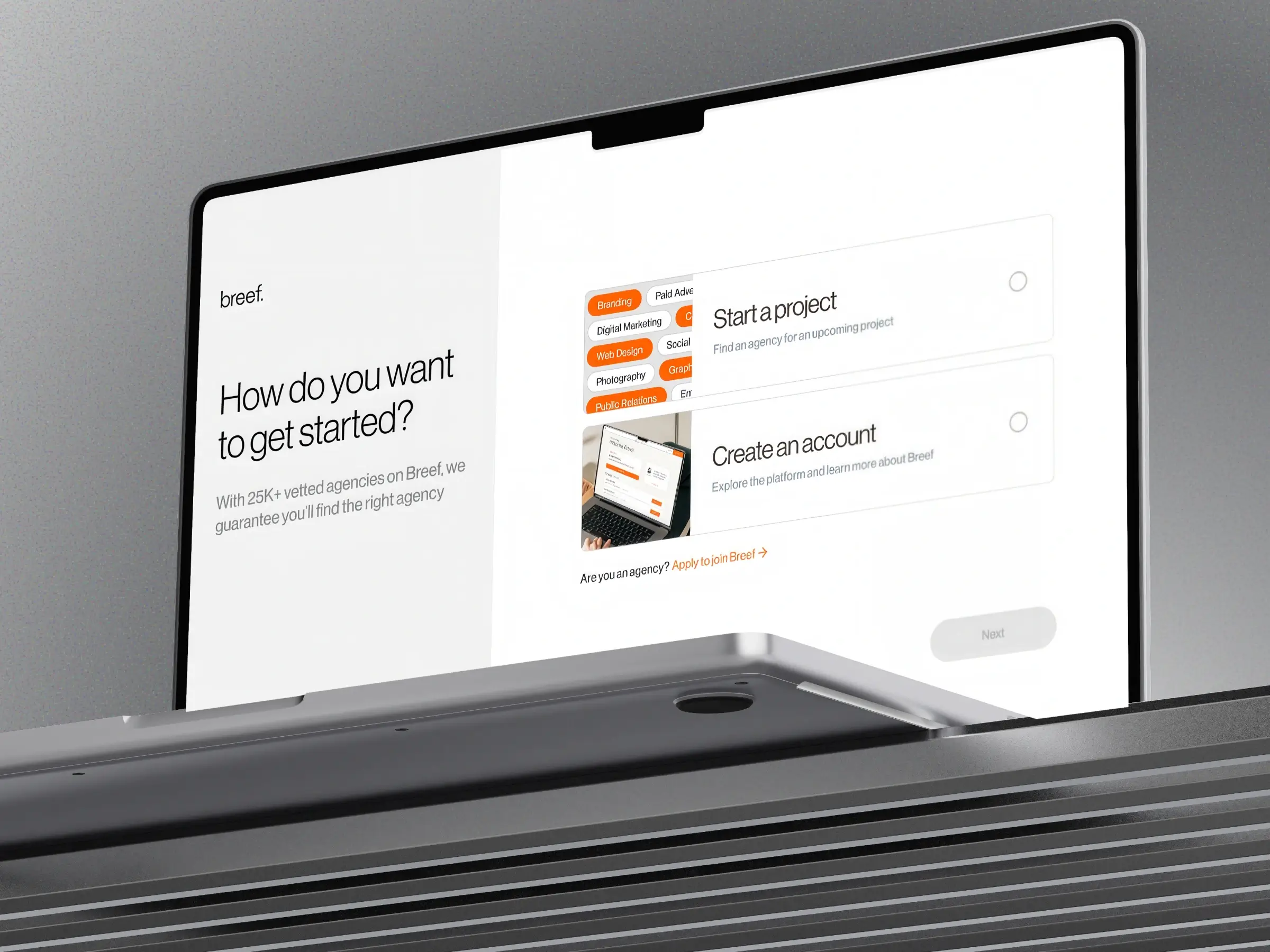 Agency marketplace onboarding screen - Overview of Breef’s project entry experience - Highlights clear paths to start a project, create an account, or join as an agency