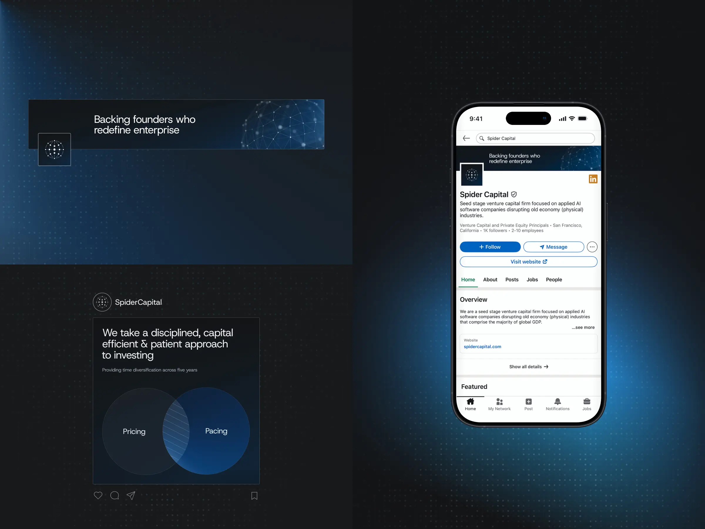 Spider Capital social media assets - Overview of the LinkedIn banner, profile, and an Instagram-style post - Highlights the network-globe visual and a Pricing and Pacing Venn diagram